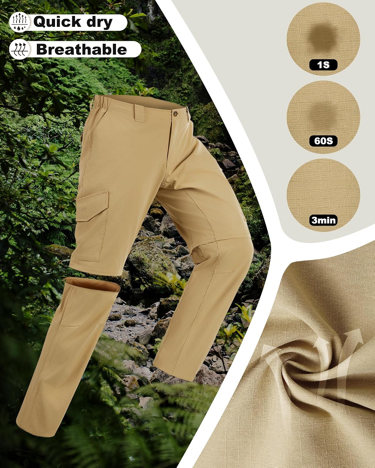 Detalle 2 de 33,000ft Men’s Zip-Off Hiking Trousers – Quick Dry, Stretchy & Convertible to Shorts