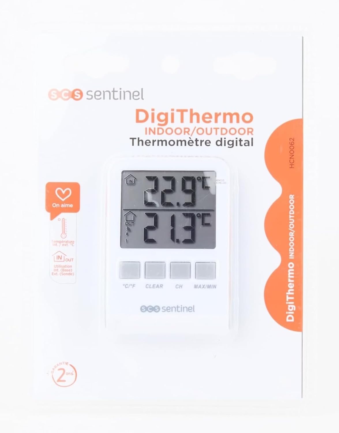 Detalle 2 de SCS Sentinel DigiThermo HCN0062 : thermomètre digital intérieur/extérieur avec portée 60 m et double affichage