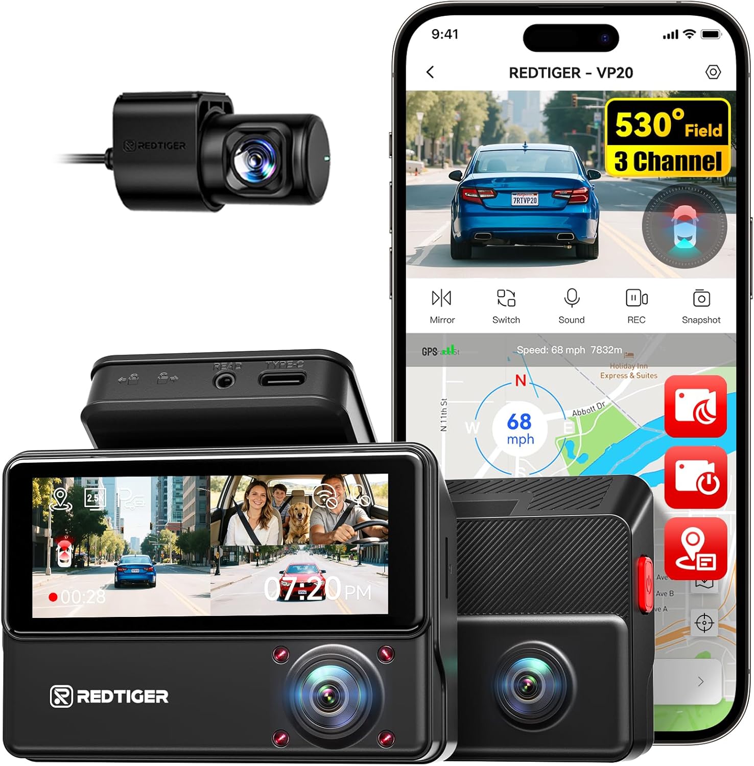 Detalle de REDTIGER 530° Visionpano20 dash cam, 3 Channel