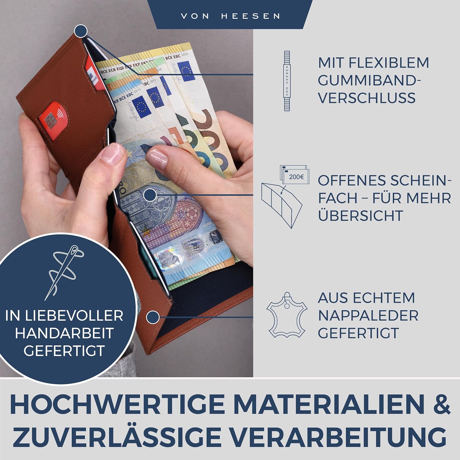 Thumbnail 3 de VON HEESEN Slim Wallet mit XL Münzfach & RFID-Schutz – echtes Nappa-Leder, Cognac-Braun