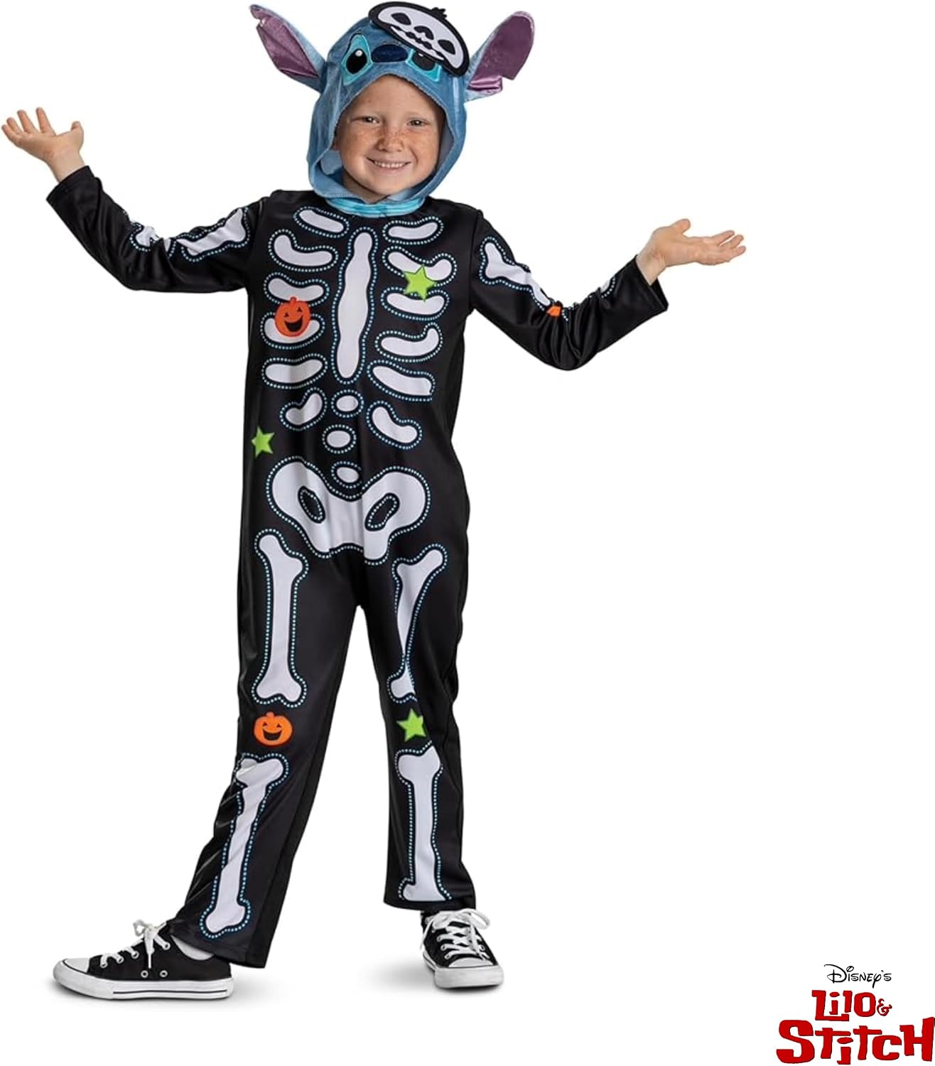Detalle de Disney Stitch klassiek skeletkostuum voor kinderen met capuchon en kleurrijke print