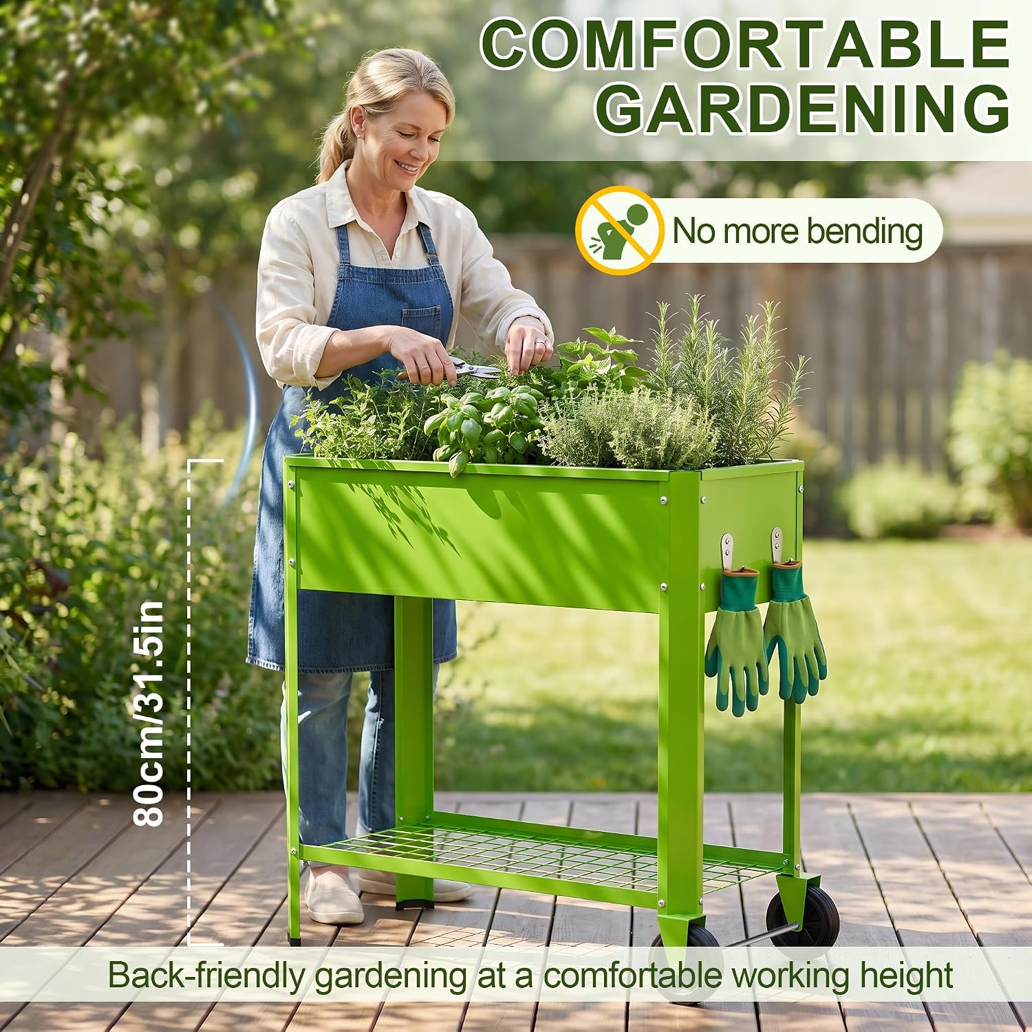 Detalle de UISEBRT Mobile Raised Bed, 56 L, 80 cm High with Wheels and Shelf