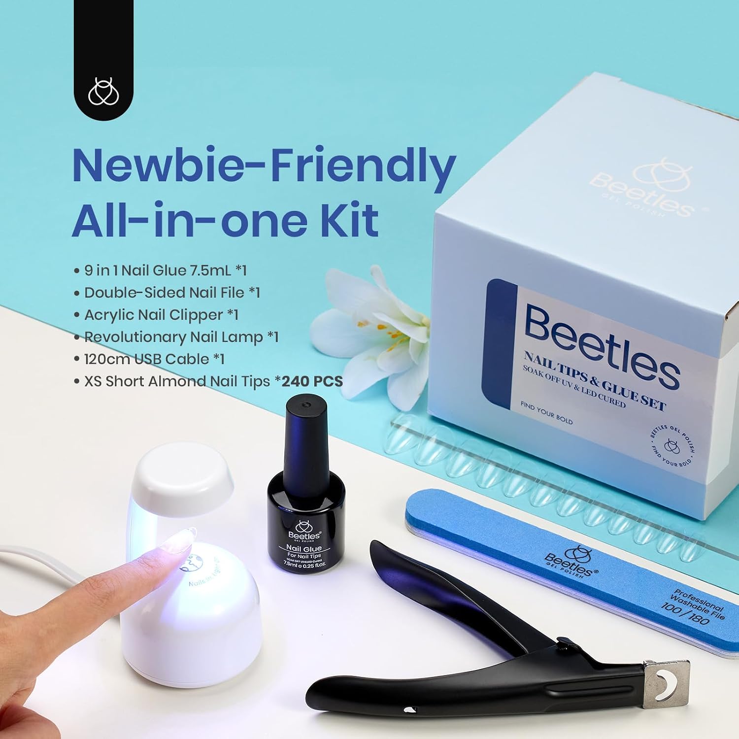 Detalle de Beetles Gel Nail Kit with Short Almond Tips – 240 Pcs, 9-in-1 Glue Gel, UV LED Lamp