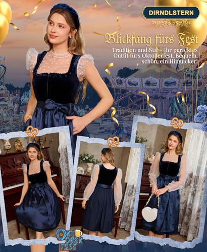 Detalle 2 de DIRNDLSTERN Damen Blau Samt Midi-Dirndl mit Reißverschluss, 70 cm – Oktoberfest Outfit