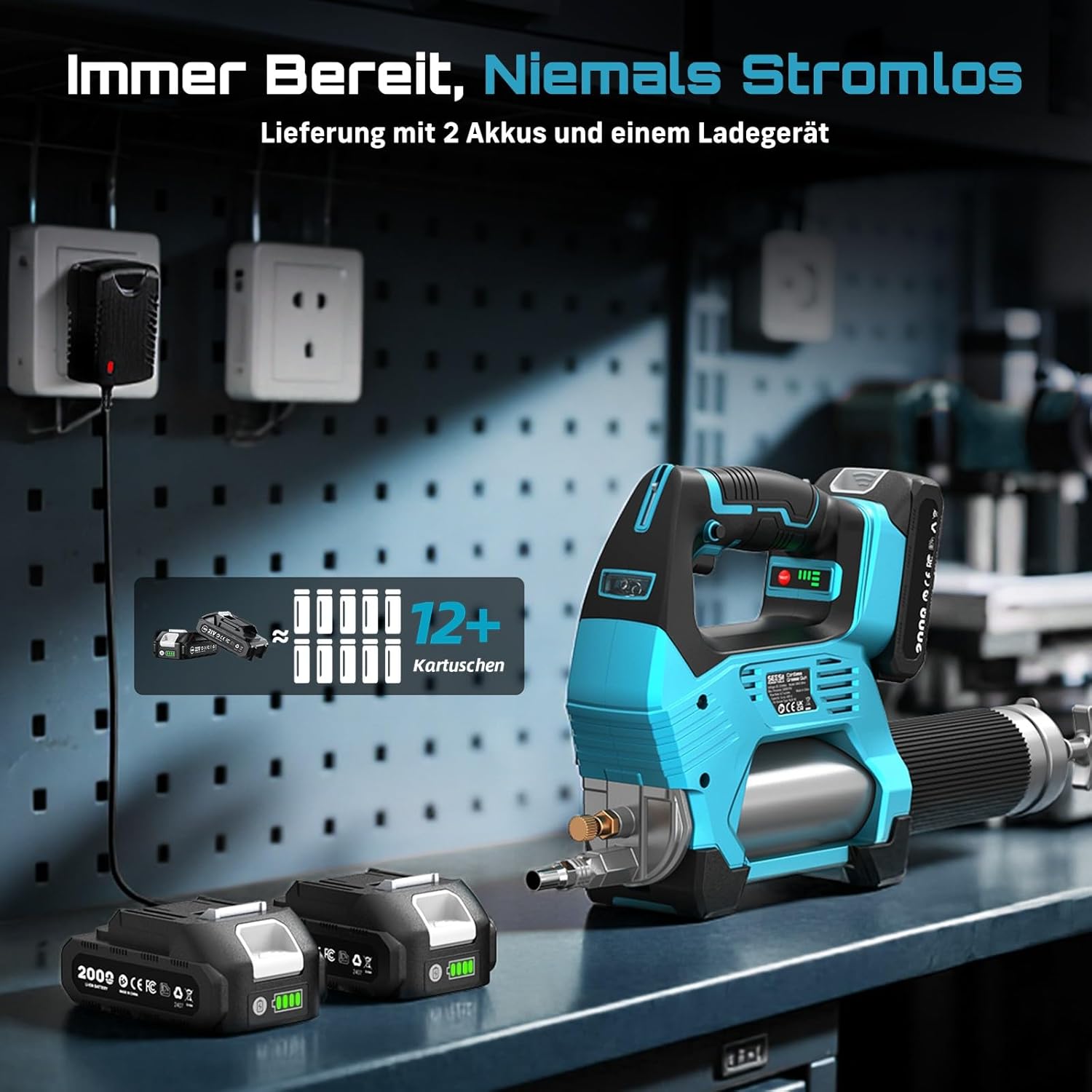 Thumbnail 4 de Seesii 10000 PSI Akku Fettpresse Set – 3 Geschwindigkeiten, 2 Akkus, 100 cm Schlauch, LED-Beleuchtung