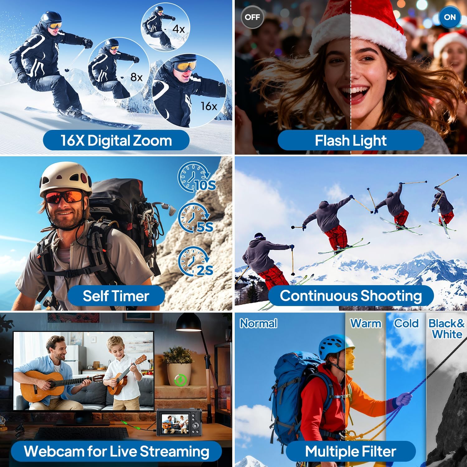 Thumbnail 2 de Focusinc 4K 56MP Digital Camera with 3" 180° Flip Screen, Autofocus & 16x Zoom for Vlogging