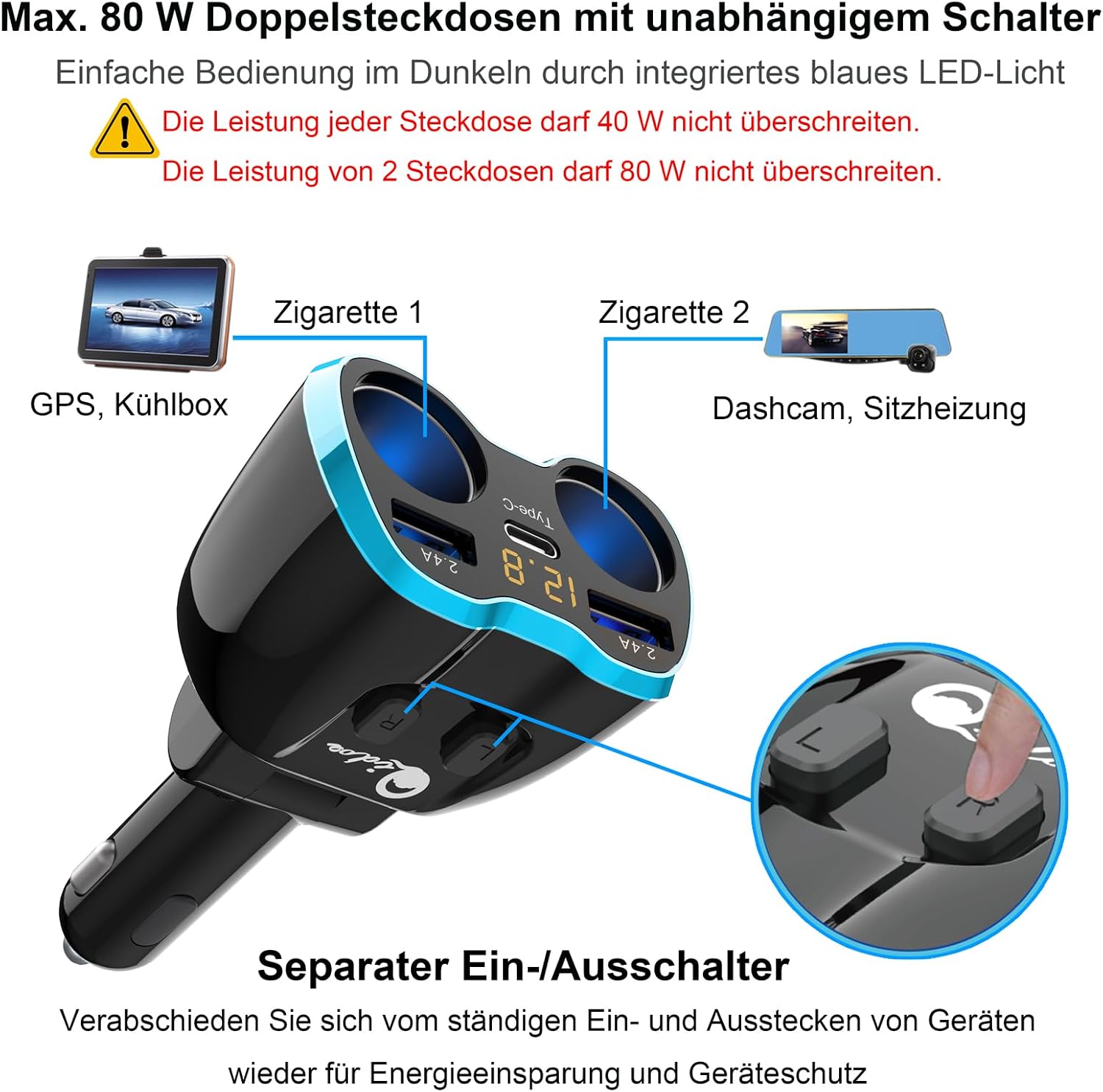 Detalle de 5-in-1 Auto Ladegerät Zigarettenanzünder 80W