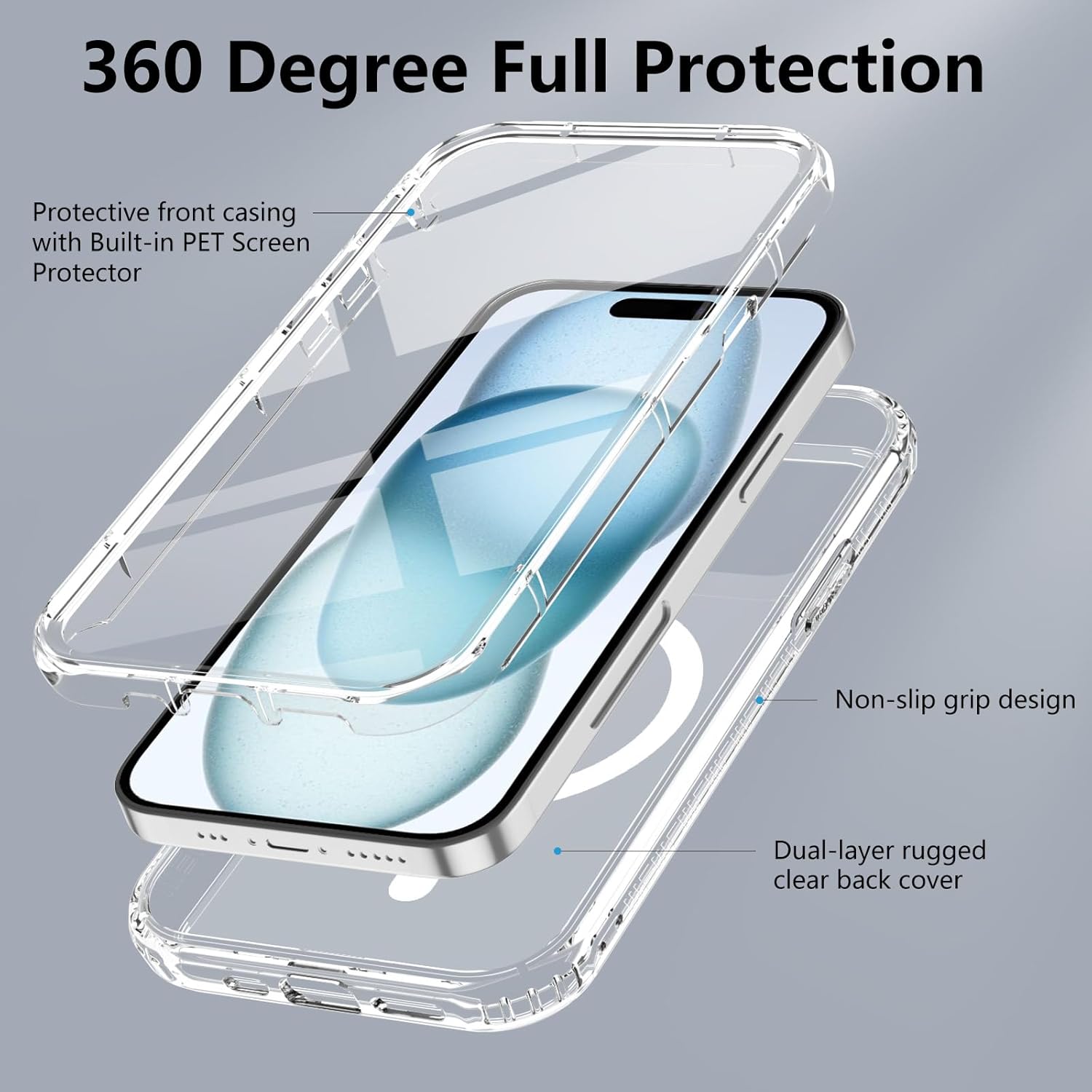 Thumbnail 1 de Coque XTCASE pour iPhone 15 magnétique compatible MagSafe, transparente avec protection écran intégrée