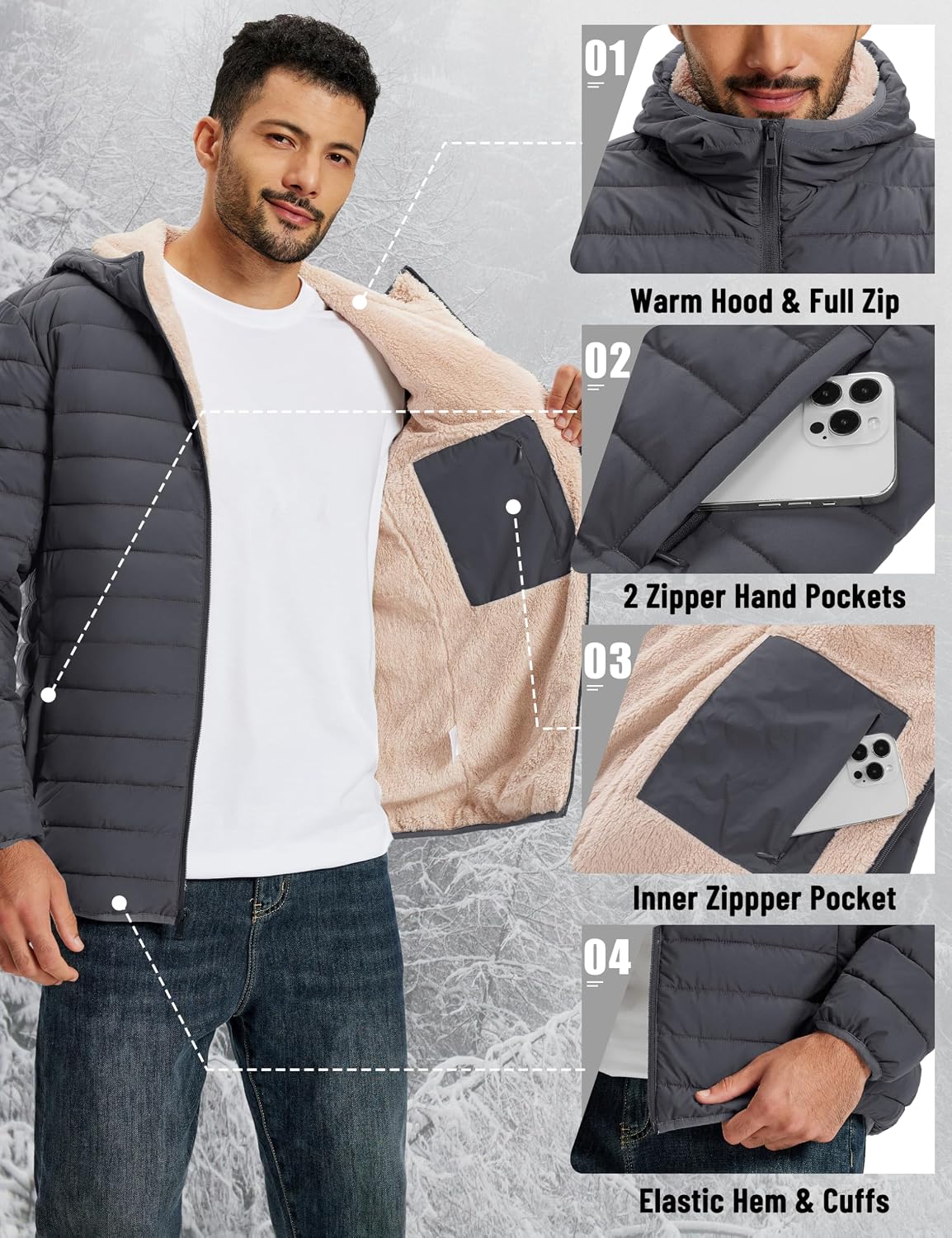 Detalle 2 de TACVASEN Men's Hooded Puffer Jacket with Sherpa Lining and Zip Pockets