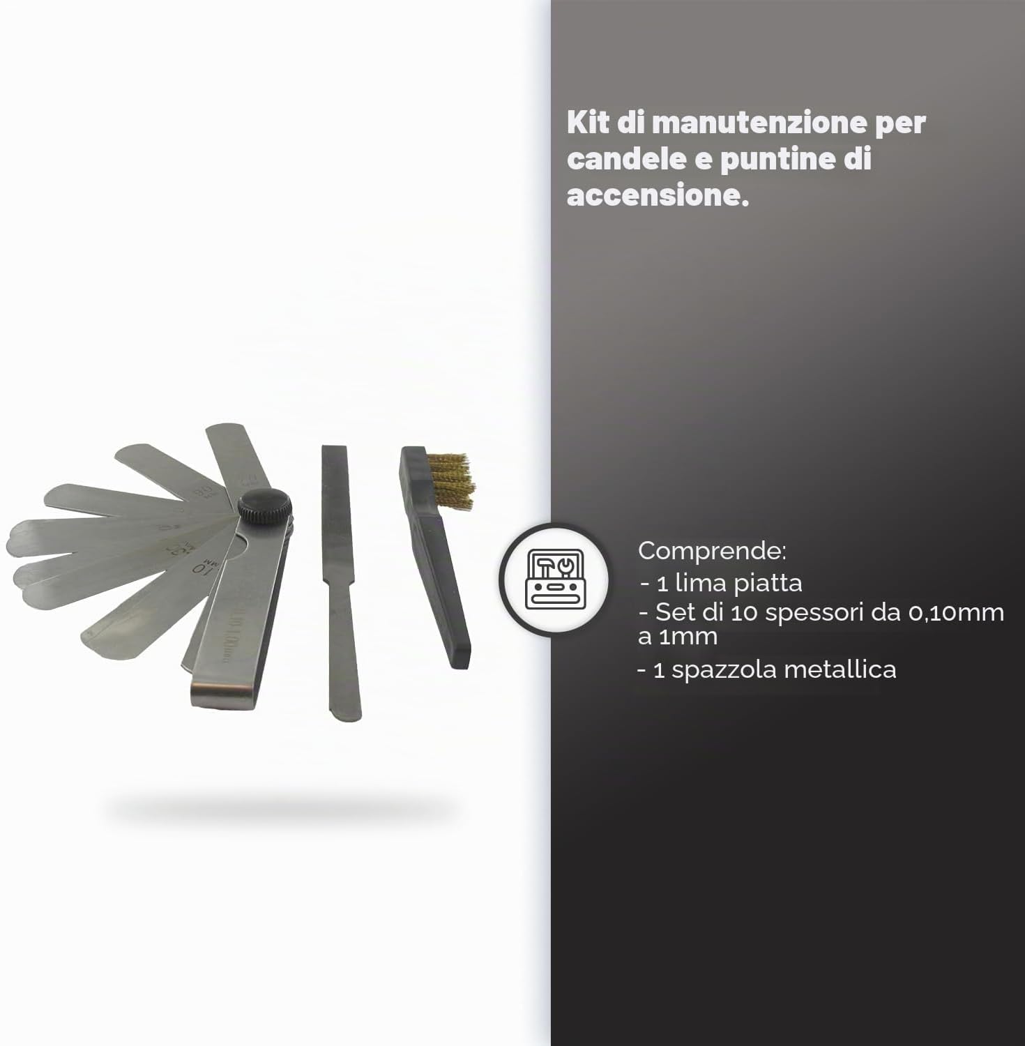 Detalle 2 de UNIVERSEL Kit manutenzione candela: spazzola, lima piatta e 10 cunei da 0,10 mm a 1 mm