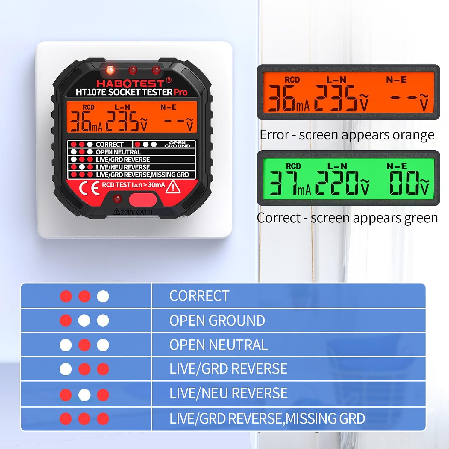 Detalle 2 de HT107E Socket Tester RCD Plug Outlet Tester UK with LCD display