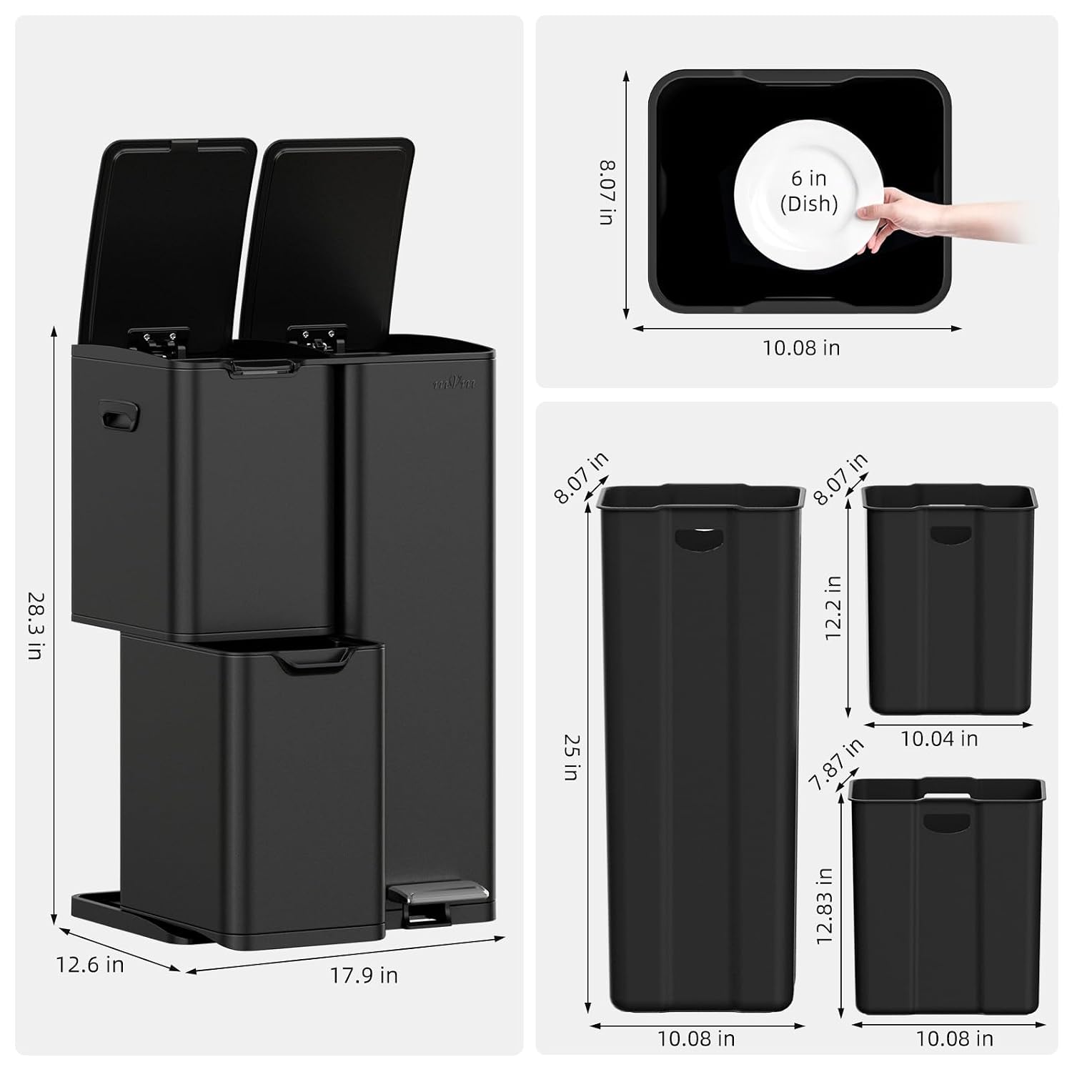 Detalle 2 de mVm 3-Compartment Kitchen Trash Can, 16-Gallon Black Stainless Steel