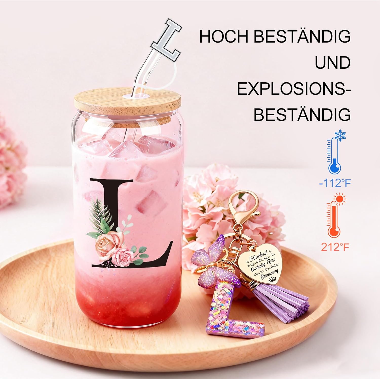 Detalle de TUZELIYA A-Z Personalisierte Geschenke: Glasbecher mit Deckel & Strohhalm + Initialen-Schlüsselanhänger