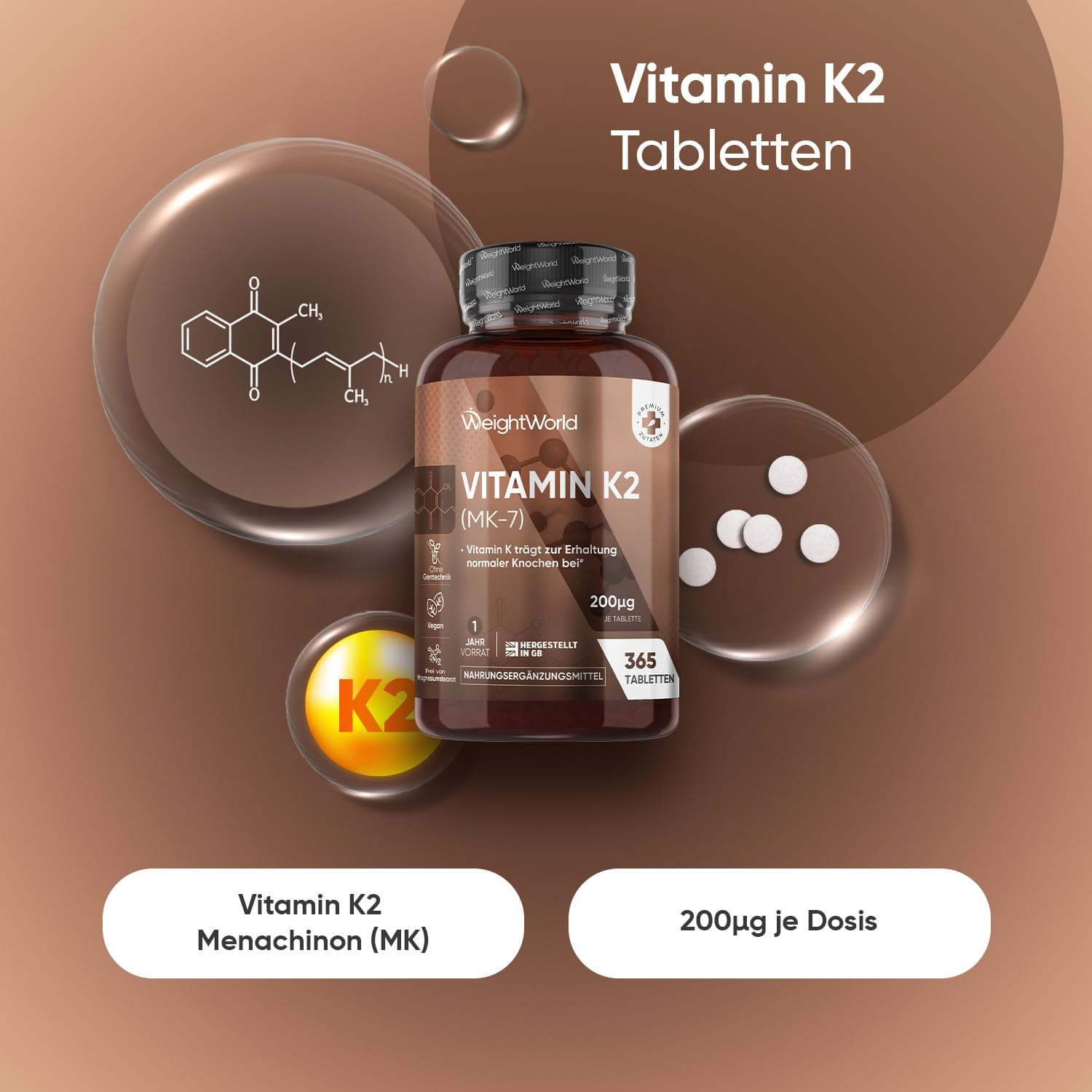 Thumbnail 1 de Vitamin K2 MK7 (Menachinon) von WeightWorld – 365 vegane Tabletten mit 200 µg pro Tagesdosis