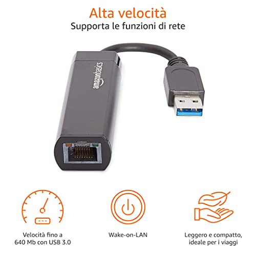 Detalle de Amazon Basics Adattatore Ethernet USB 3.0 a 10/100/1000 Gigabit, Nero
