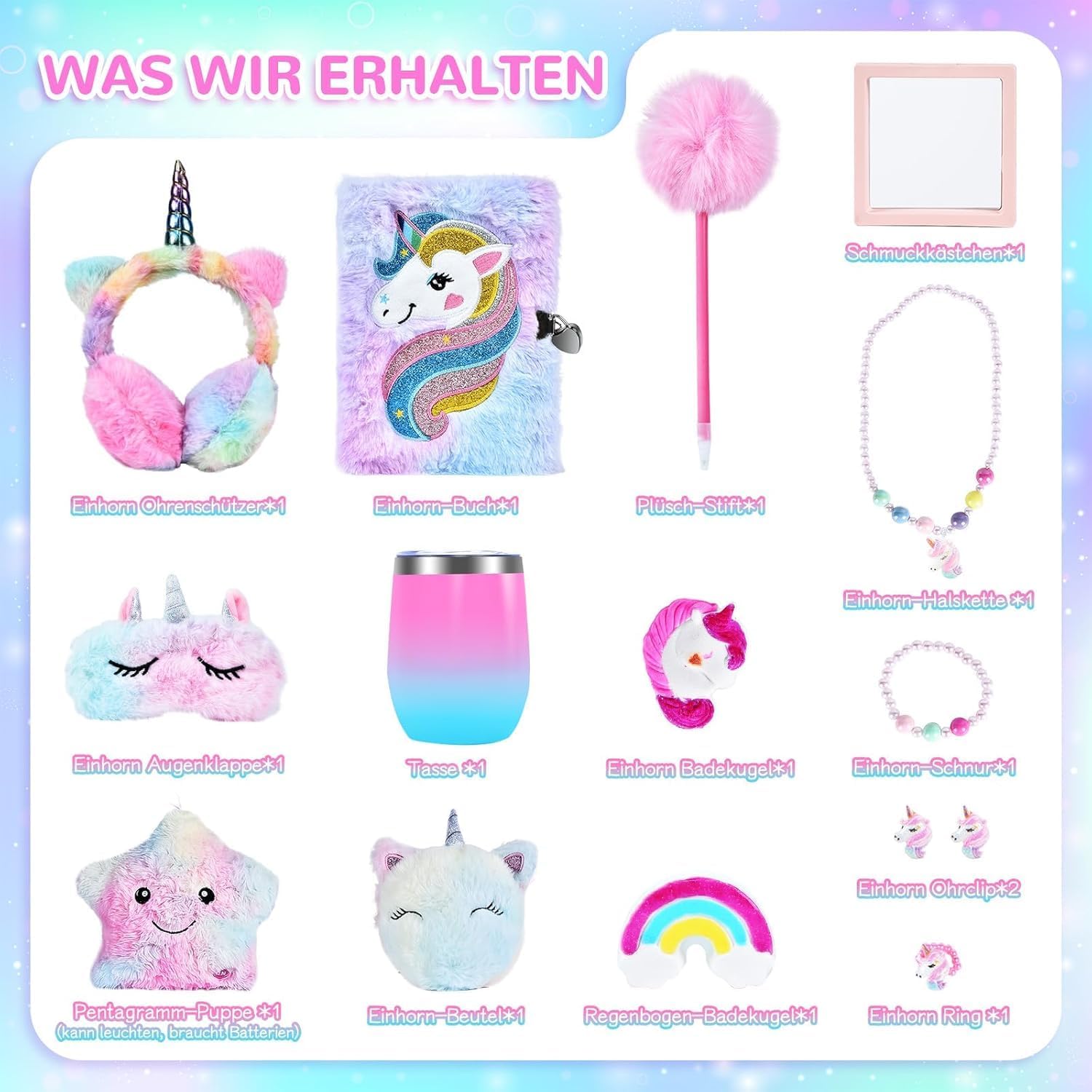 Thumbnail 1 de JONRRYIN Einhorn Kuscheltier Tagebuch – enhörningsset med dagbok och lysande docka