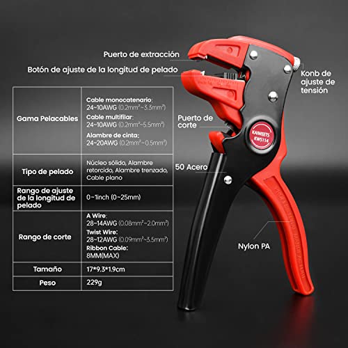 Detalle de KAIWEETS pelacables automático 2 en 1 (ajustable) para pelar y cortar cables de una, dos hebras y planos