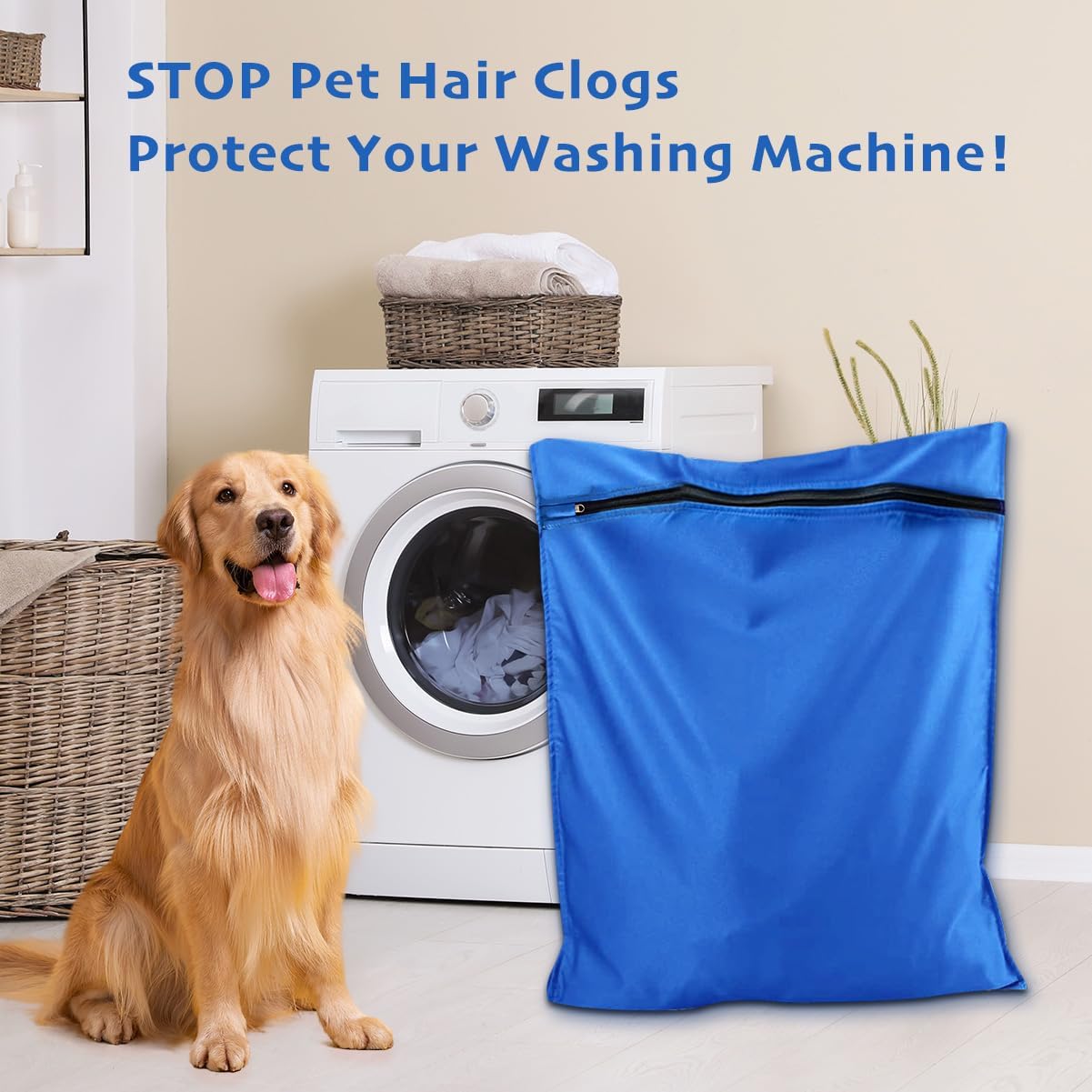 Detalle de Pet Laundry Bag for Washing Machine with YKK Zip – Large Capacity Hair Catcher (Blue, M)