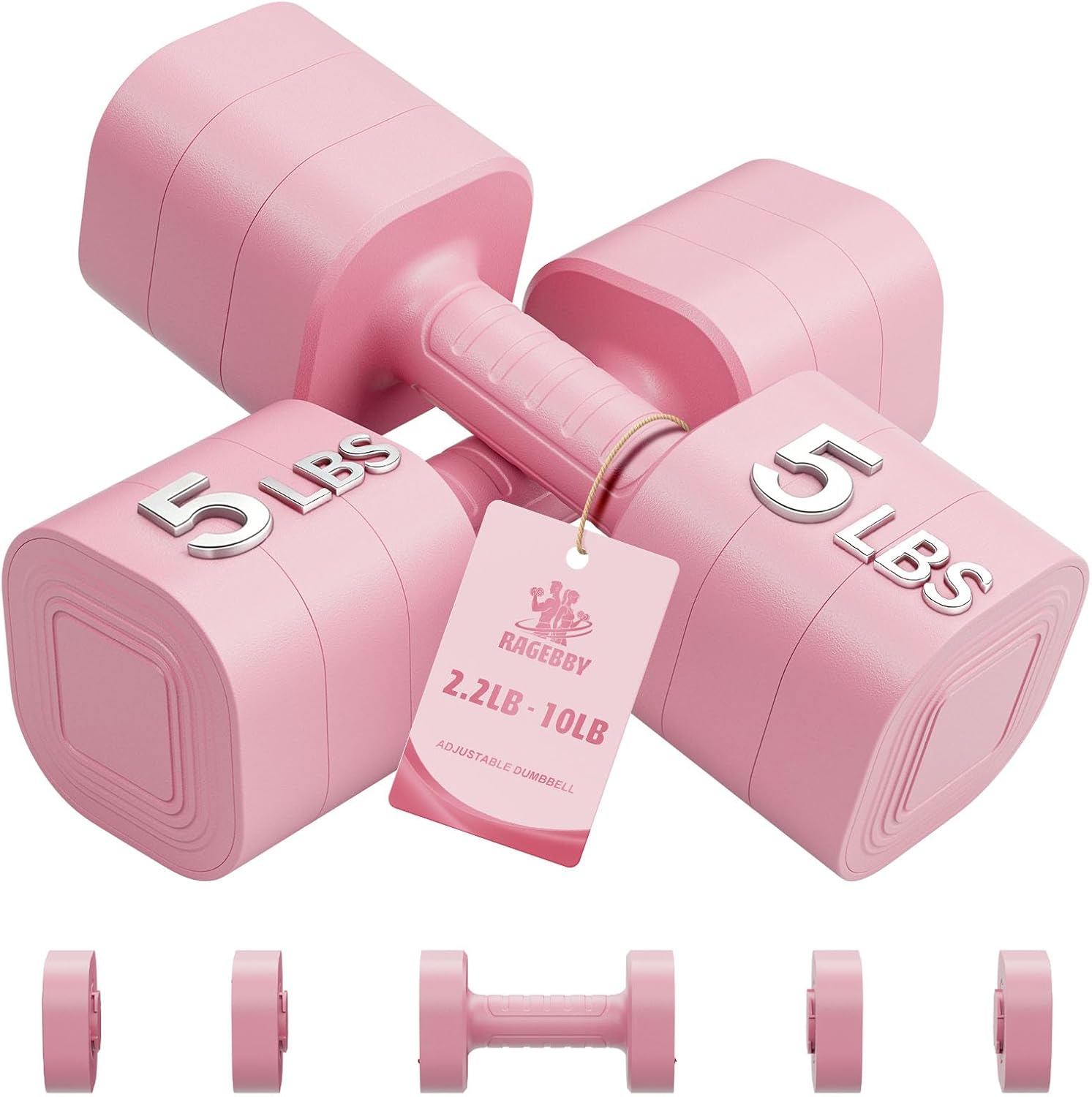 Detalle de Ragebby Adjustable Dumbbell Set (2) for Home Workouts: 3-In-1, Anti-Slip, Lightweight to Mid-Weight Range