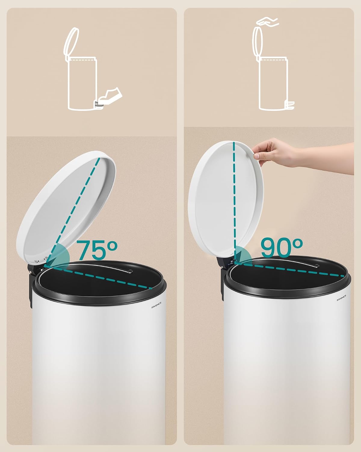 Detalle 1 de SONGMICS LTB031WZ02 30L Steel Pedal Bin with Soft-Close Lid, Cloud White