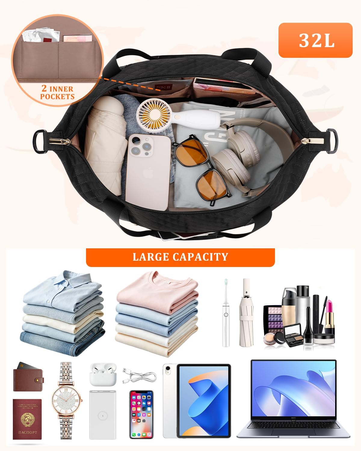 Thumbnail 2 de ETRONIK Easyjet Cabin Bag 45x36x20, 32L Travel Duffle with Shoe Compartment