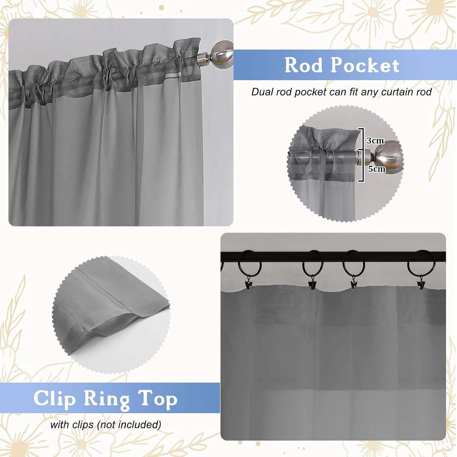 Thumbnail 2 de Simplebrand Grey Sheer Curtains for Living Room – 150cm W x 183cm L, 2-Pane Light Filtering Voile Drapes