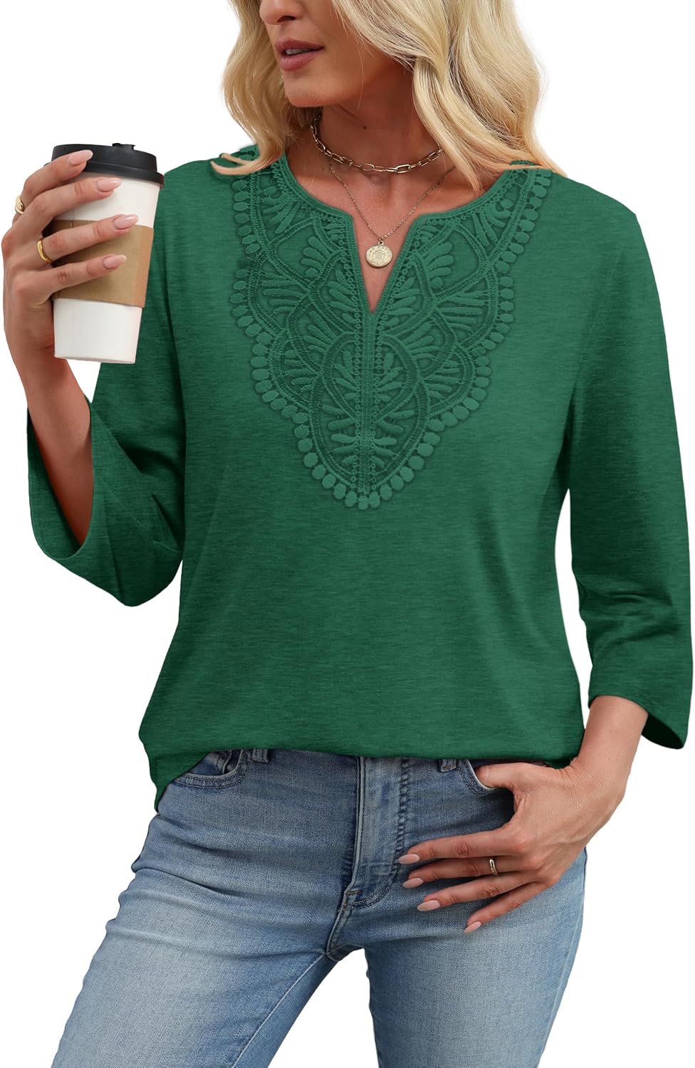 Detalle de WIHOLL 3/4-Sleeve Boho Blouse with V-Neck Lace Front, S-3XL
