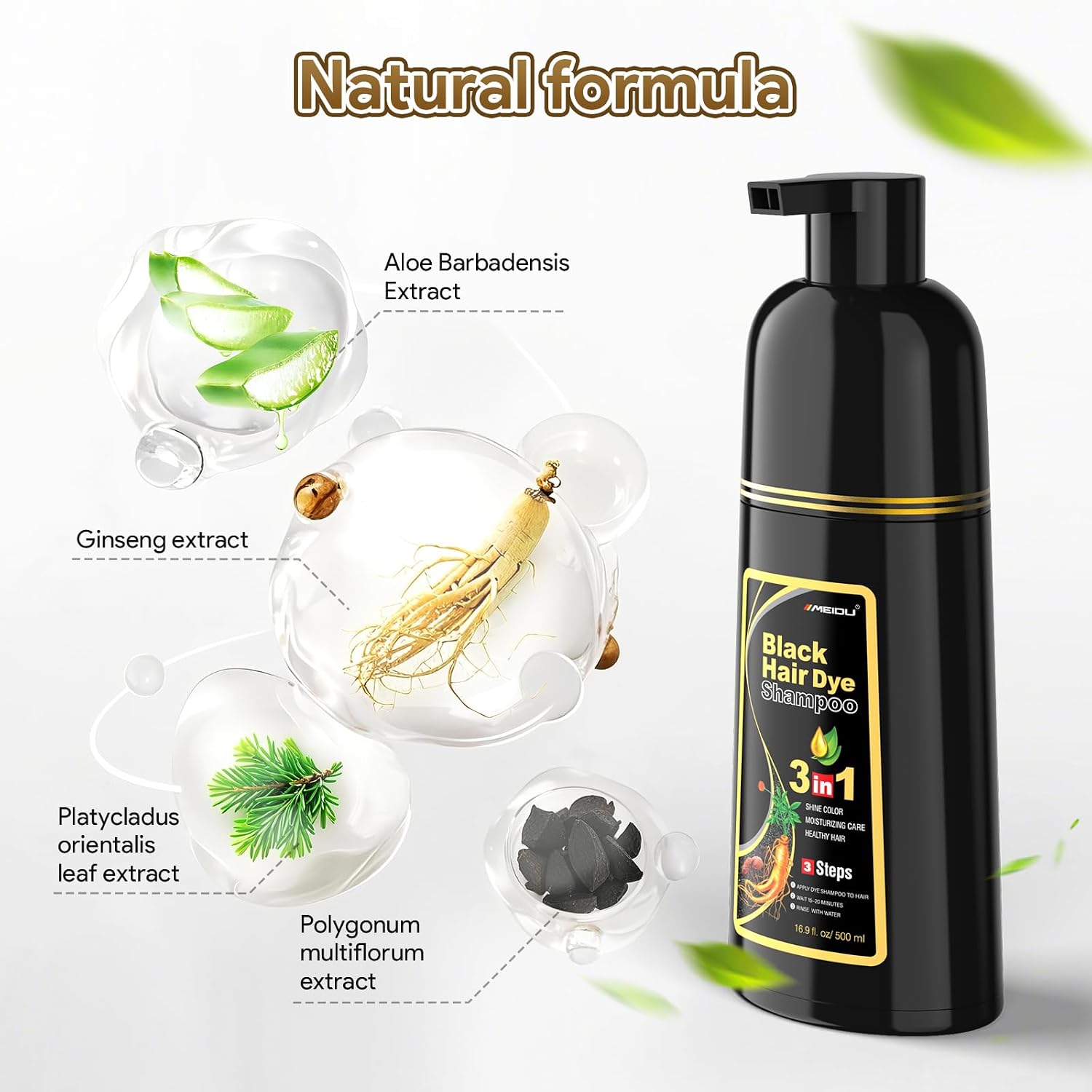 Detalle 2 de MEIDU Black Hair Dye Shampoo 3-in-1 (Gray Coverage) Herbal Formula, 500ml/16.9oz