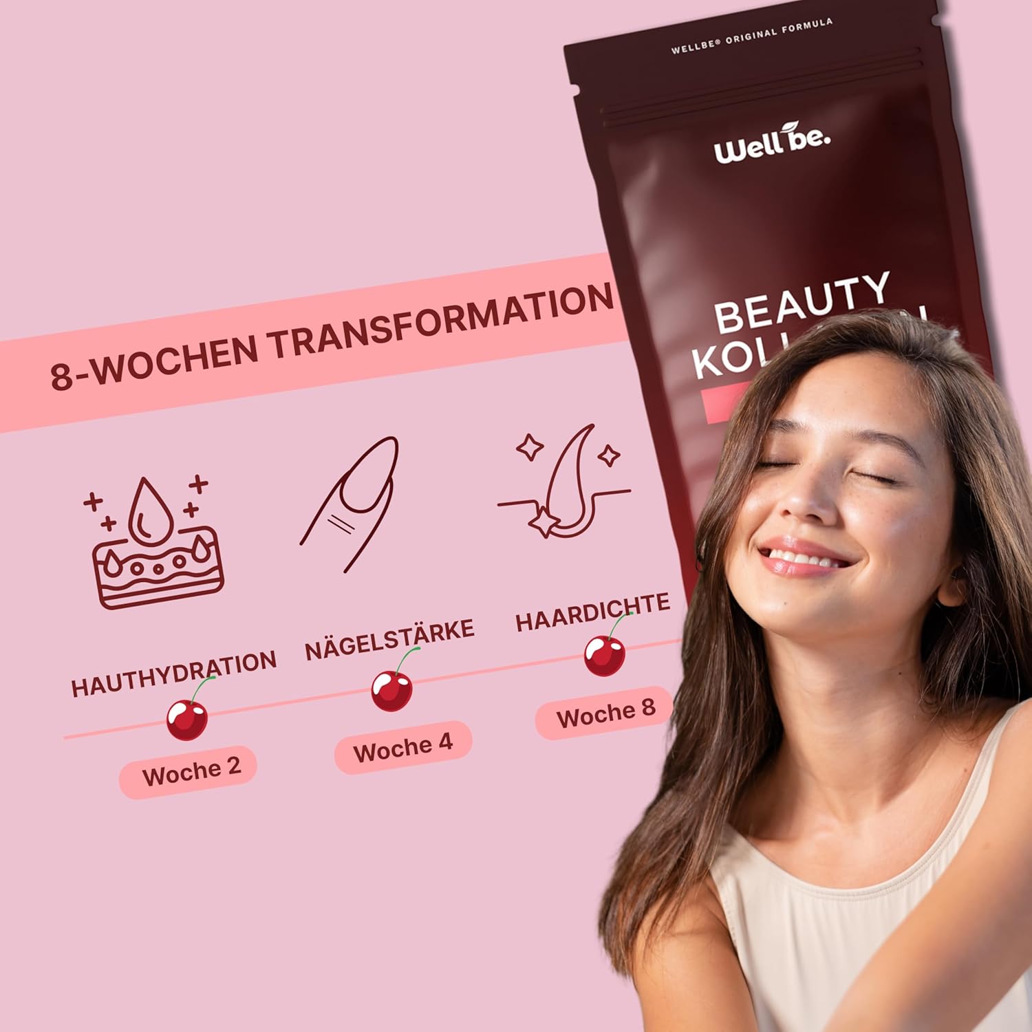 Thumbnail 2 de Wellbe Kollagen Pulver Kirsch – Hochdosierte Kollagen-Peptide mit Hyaluron, Biotin, Zink und Vitamin C (250 g) Made in Germany