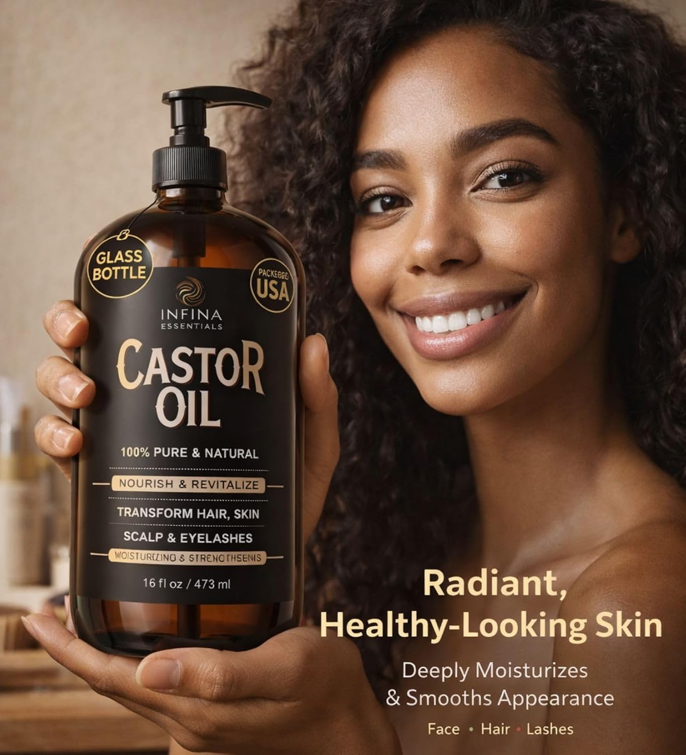 Detalle 2 de INFINA ESSENTIALS Pure Cold Pressed Castor Oil (Hexane Free) — 16 fl oz Glass Bottle for Hair, Scalp, Skin & Eyelashes