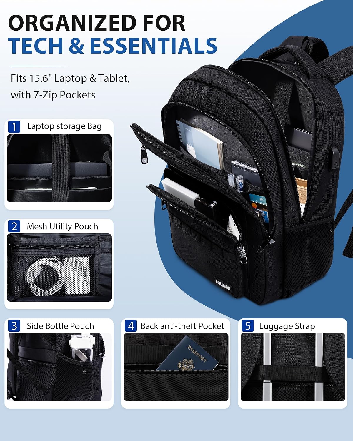 Detalle de FIBLUNOM 15.6-Inch Laptop Backpack with Reinforced Straps and 7 Zippered Pockets