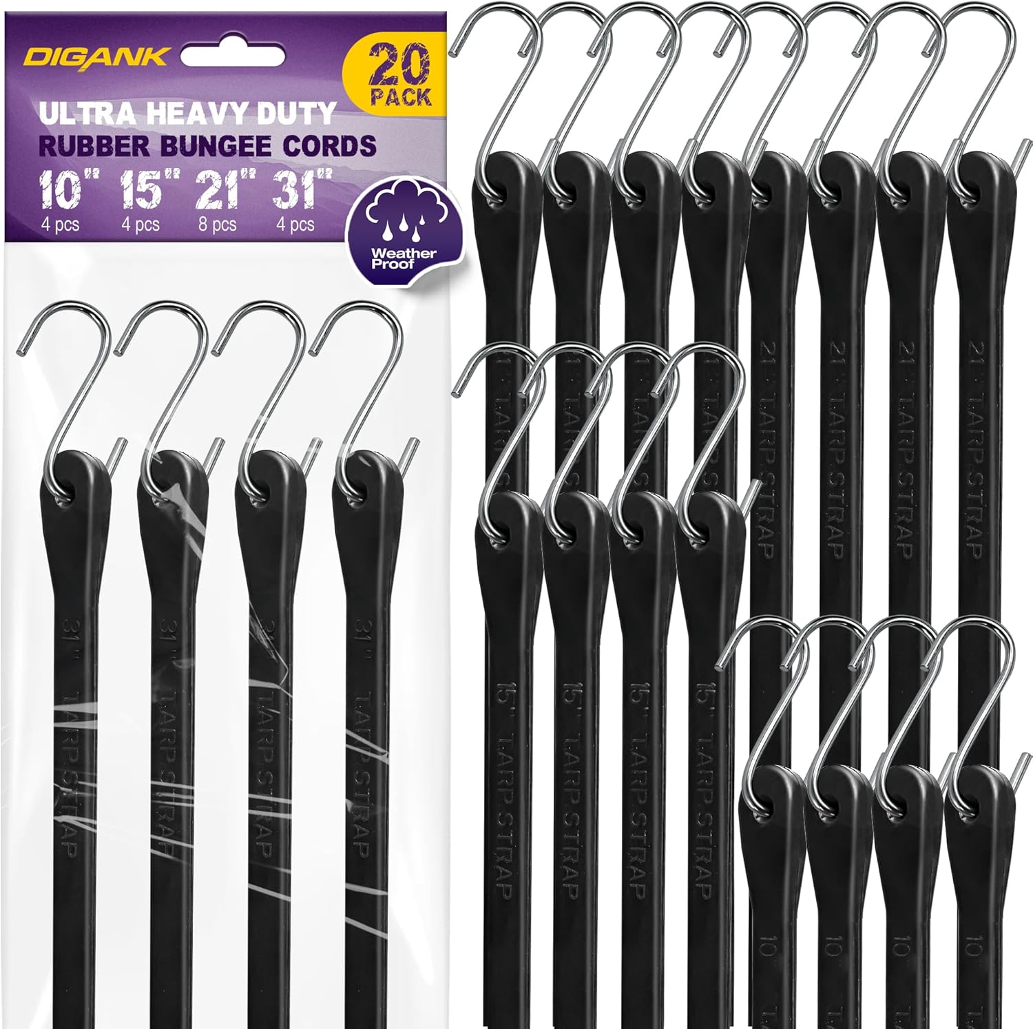 Bungee Cords with Hooks (20 Pack) Heavy Duty Outdoor Rubber Straps – 10", 15", 21", 31