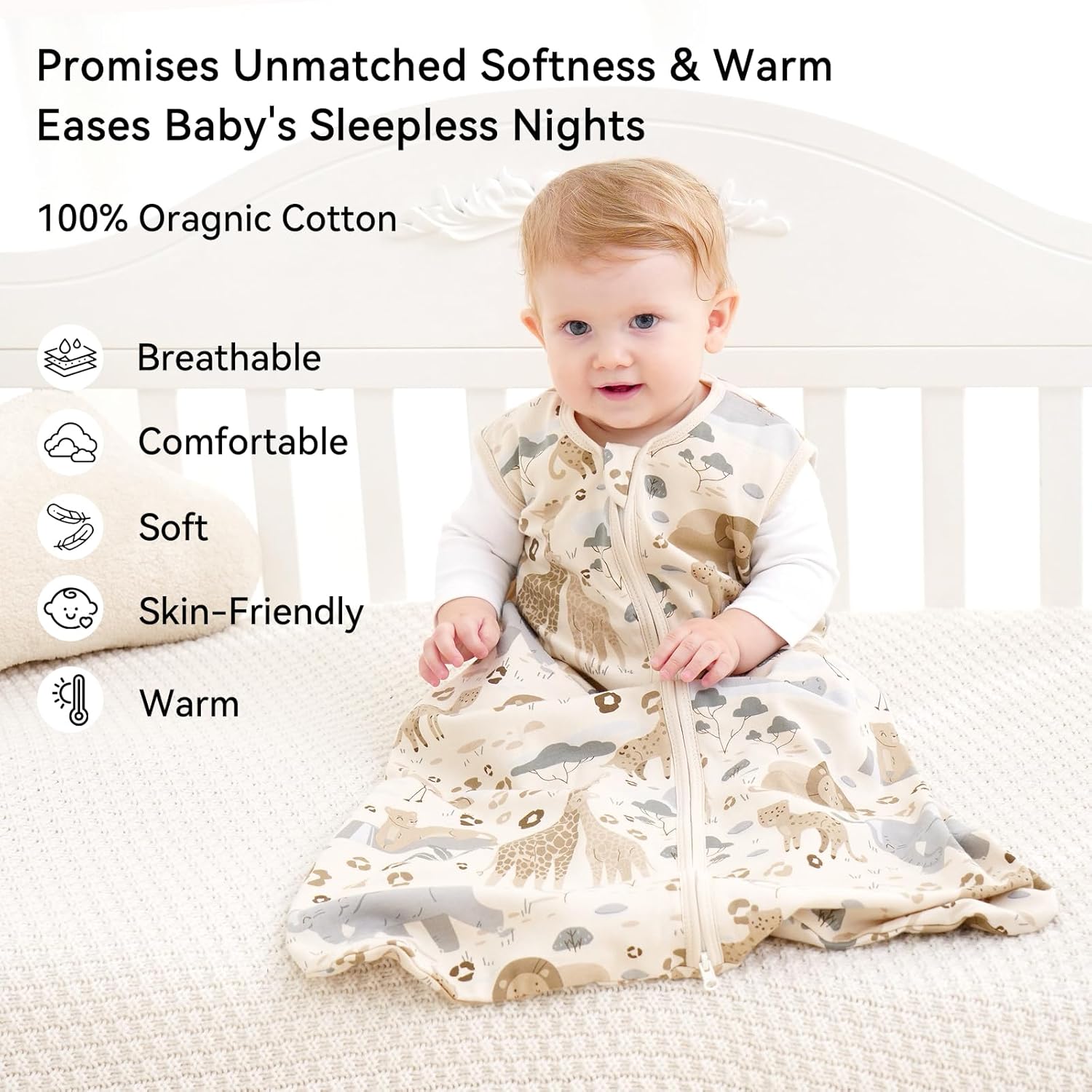 Thumbnail 1 de Unnivoll Baby Sommerschlafsack 0.5 Tog – 78 cm, 100% Baumwolle, Aprikose/Elefant