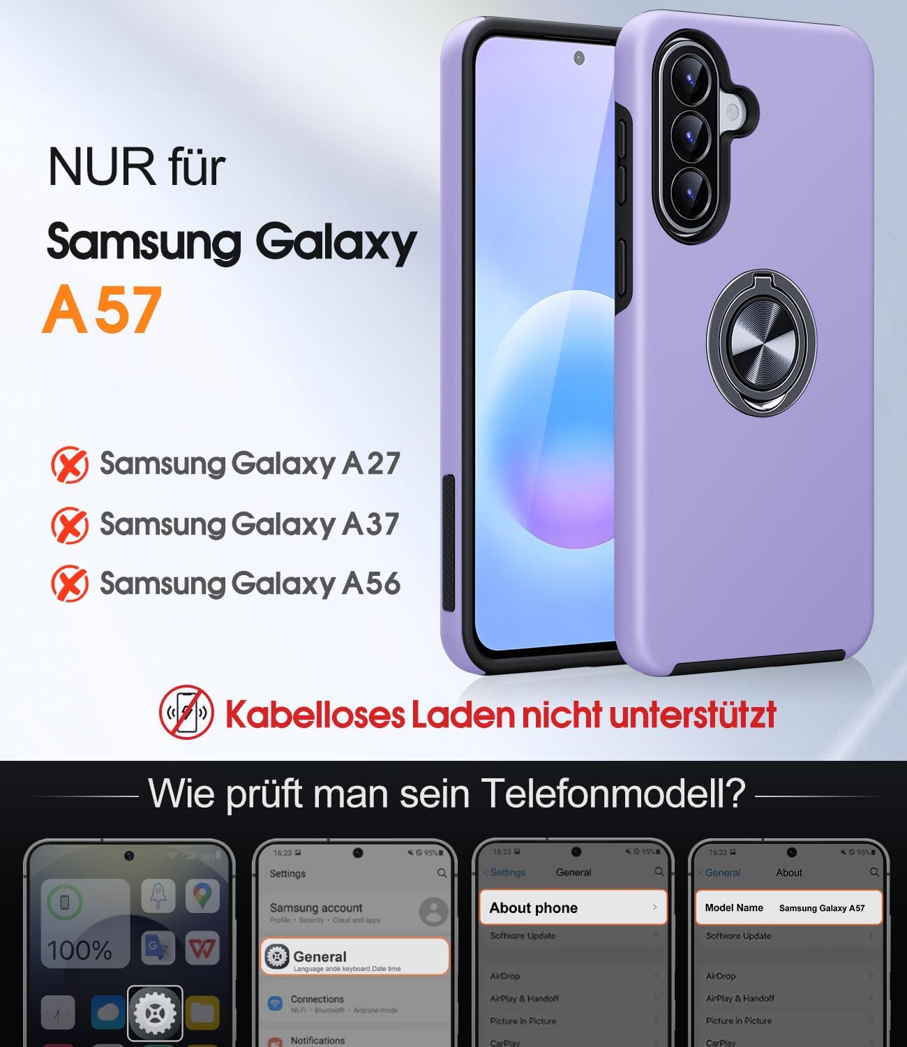 Thumbnail 1 de AOUIA Hülle für Samsung Galaxy A57 5G mit 2 Panzergläsern – 360° Ringständer, Militärischer Stoßschutz, violett