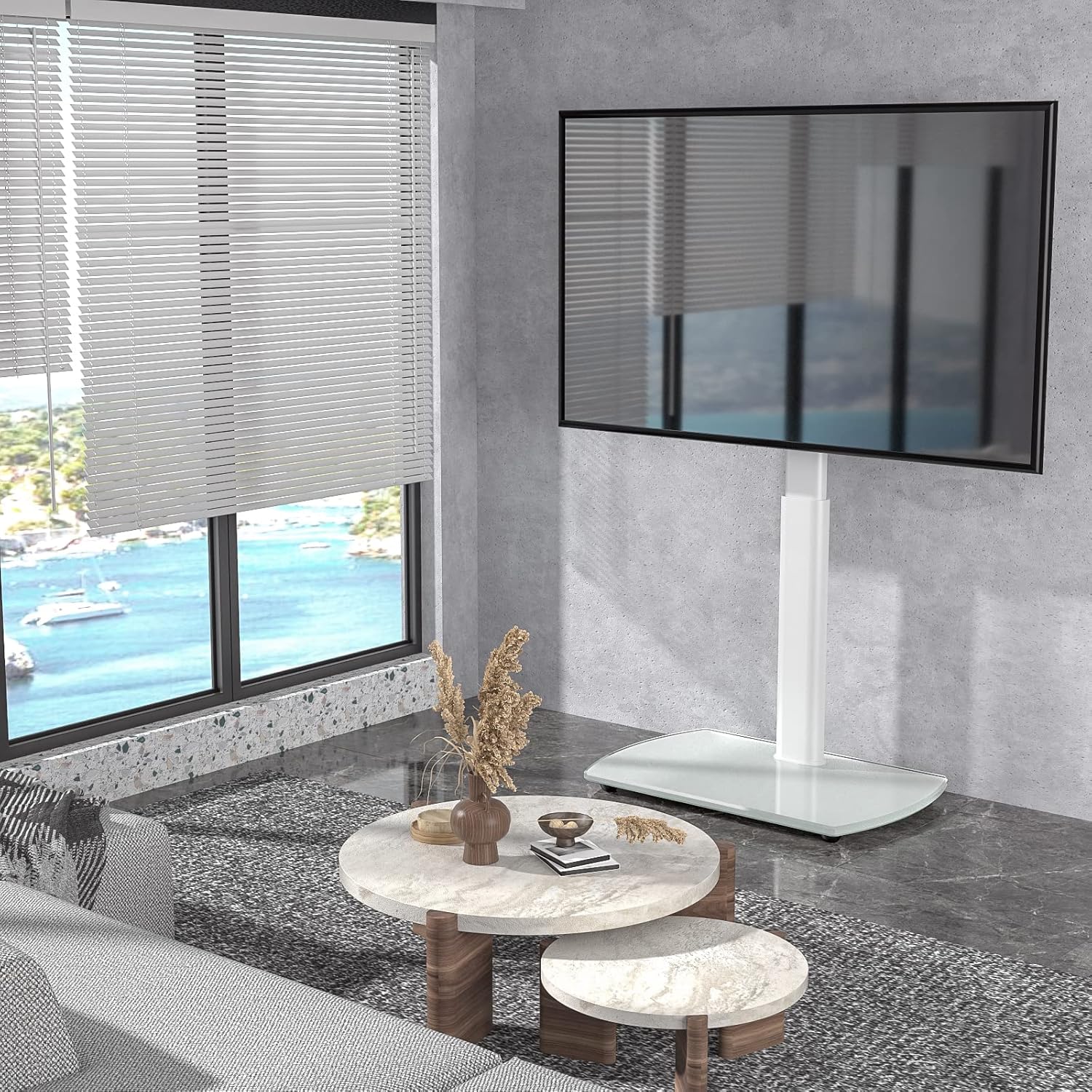 Thumbnail 6 de RFIVER Support TV sur pied avec piédestal en verre trempé pivotant, hauteur réglable (32 à 65 pouces, VESA jusqu’à 400x400)