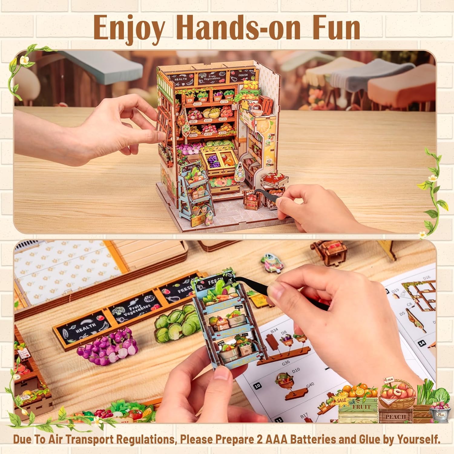 Detalle 2 de CUTEBEE Book Nook – Puppenhaus Kit ‚The Greens' Grocery‘, 3D Holz-Bausatz als tragbare Miniatur-Bookend-Dekoration