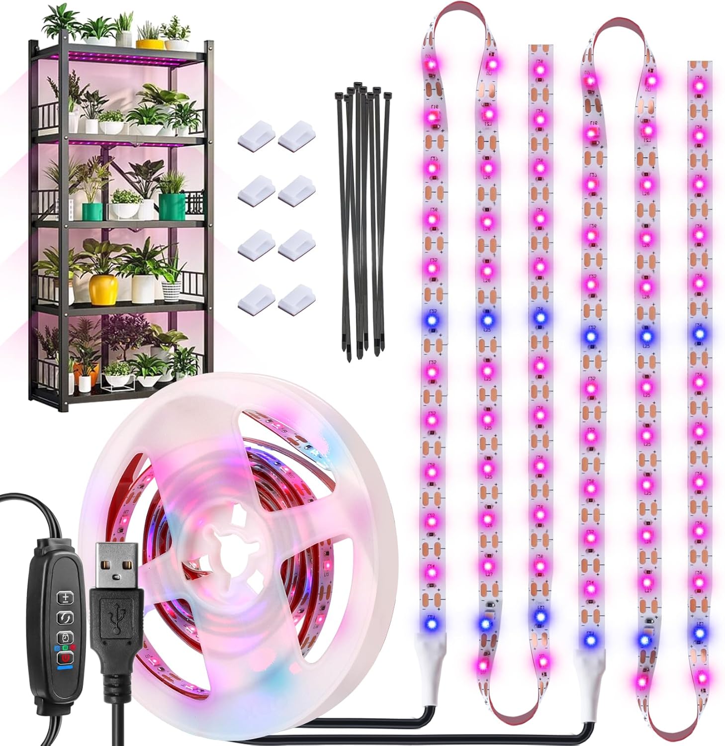 Detalle de Lampada per Piante Luci di crescita impermeabili 120 LED USB con timer e spegnimento automatico – Rosa/Blu, 6.56FT