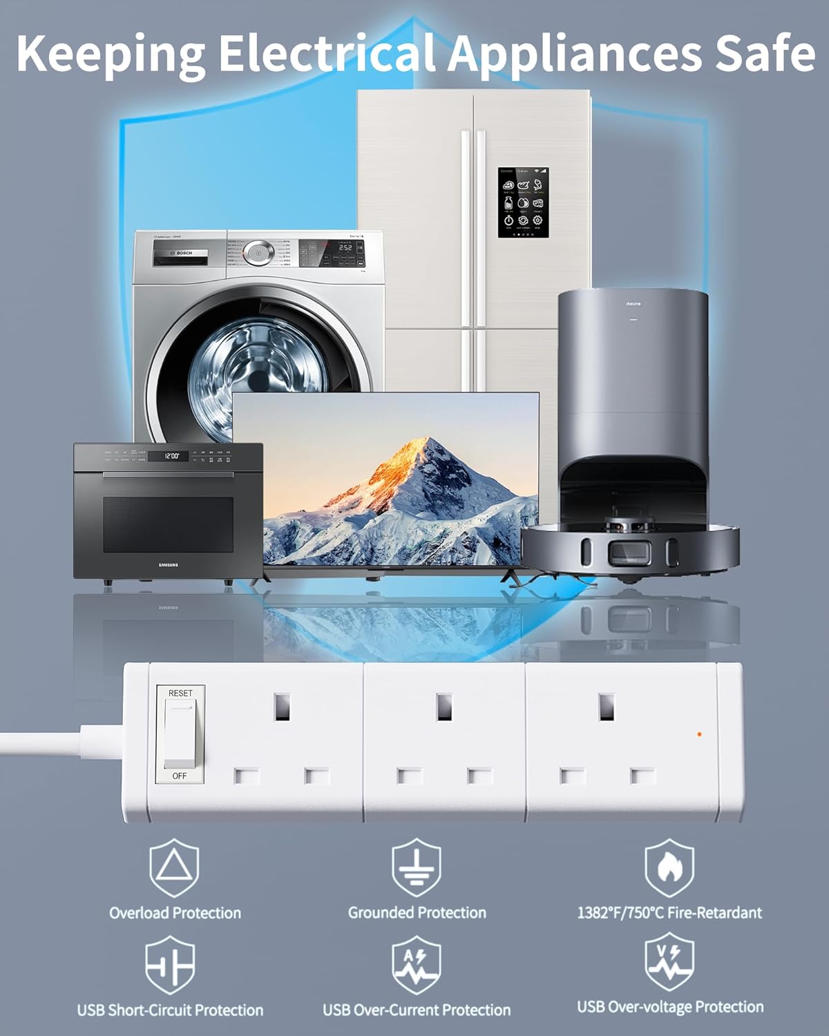 Detalle 2 de Extension Lead with USB Slots: 3-Gang Power Strip with 2 USB-A and 1 USB-C, 1.2m Cable