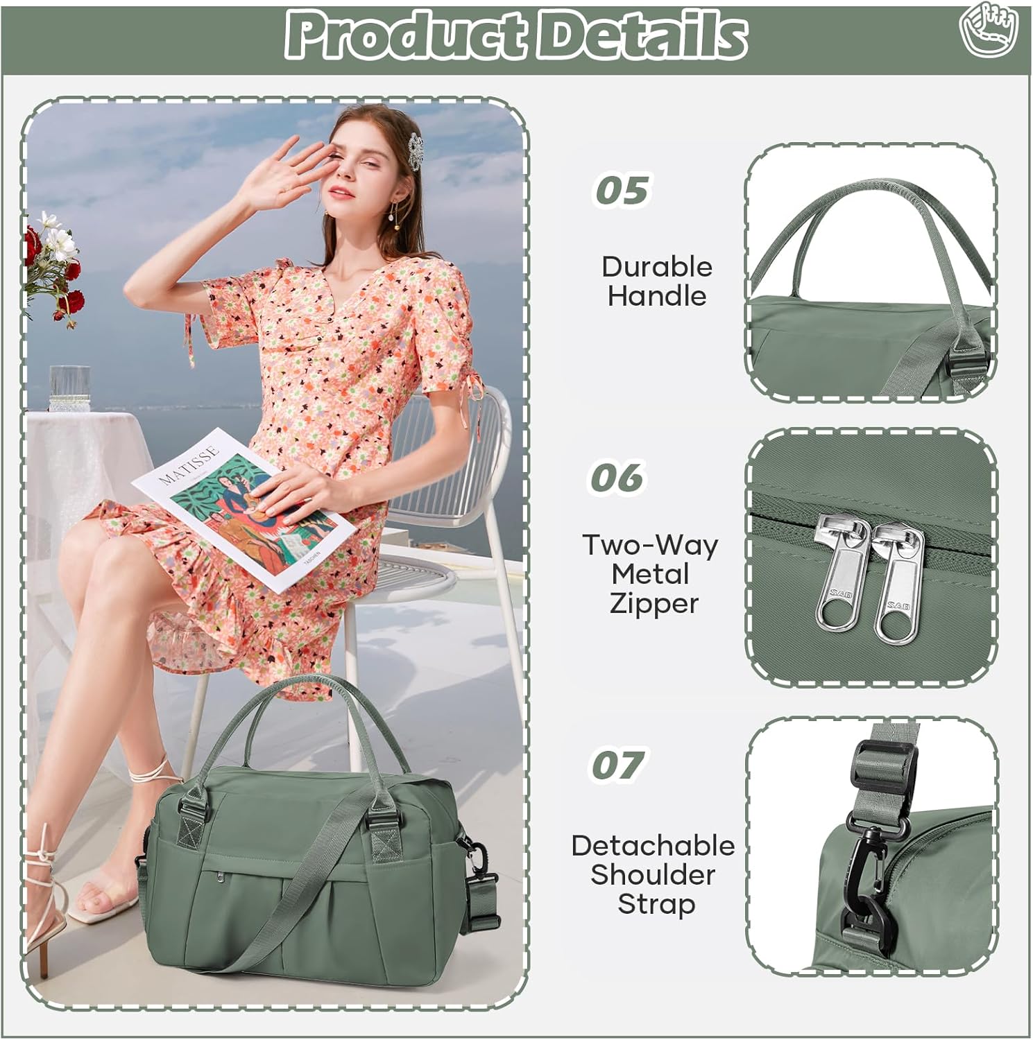 Thumbnail 4 de Reisetasche Damen Sporttasche 40x20x25 cm – Handgepäck 20 Liter, wasserdichte Nassfach, Nylon, B03-Armeegrün
