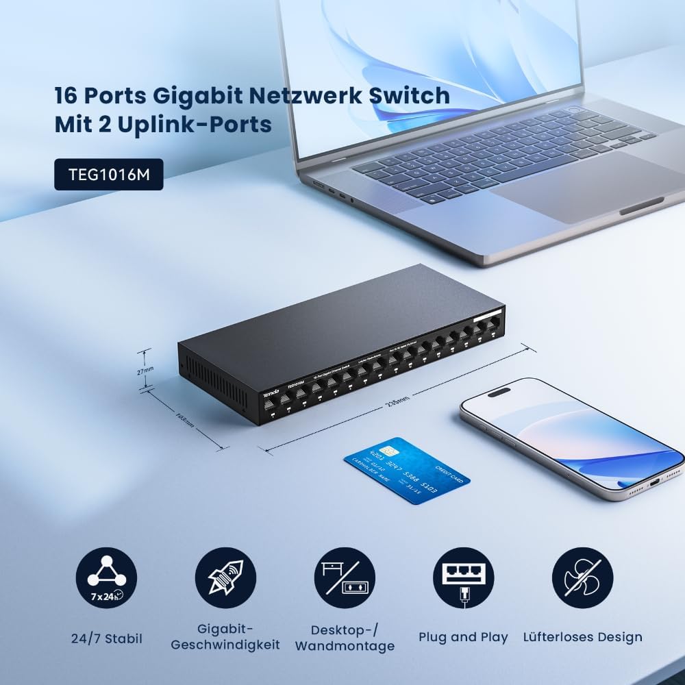 Thumbnail 1 de Tenda TEG1016M – 16-Port Gigabit unmanaged Switch mit VLAN-One-Click, Lüfterlos, Wandmontage, Metallgehäuse