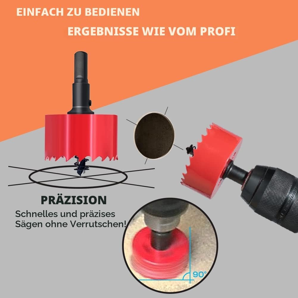 Detalle de GARHWAL Bi-Metall-Lochsäge 80mm inkl. Dreikantschaftadapter – Präzises Lochbohren in Holz, Kunststoff, Gipskarton und mehr