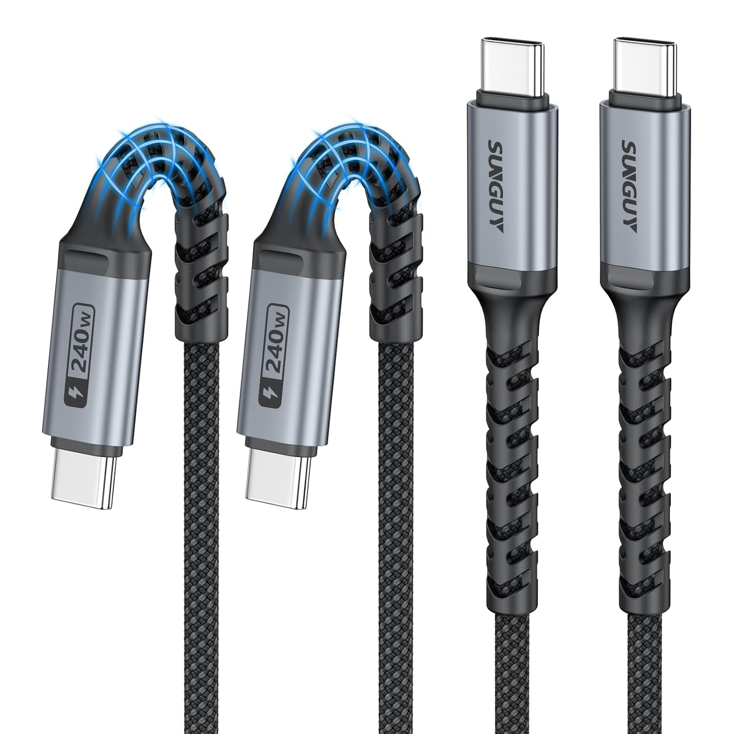 Detalle de SUNGUY USB-C auf USB-C Kabel 0,3 m im 2er-Pack – 240 W Schnellladekabel, Grau