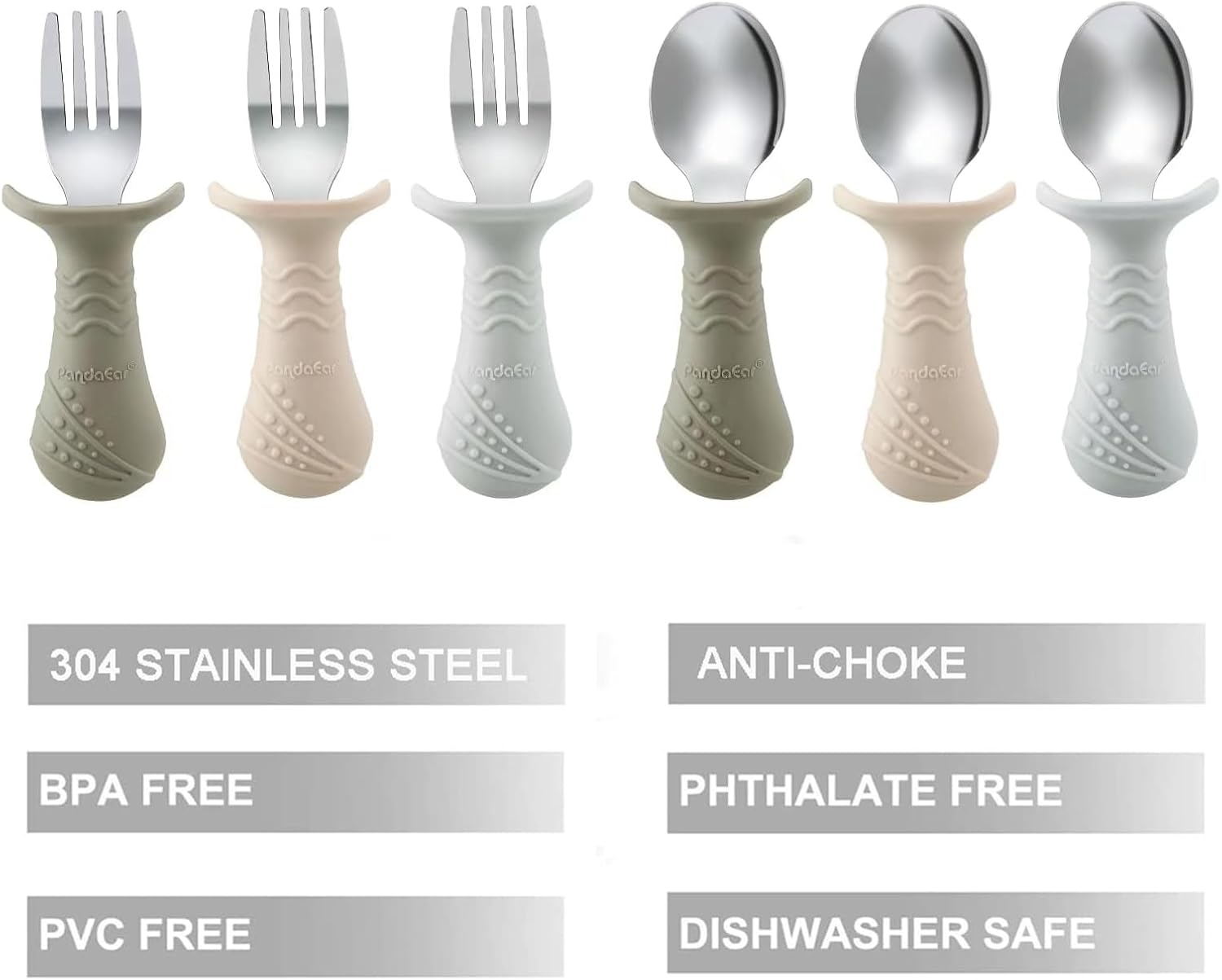 Detalle de PandaEar Toddler Flatware Sets babybestek, 6-delig in silicone en roestvrij staal