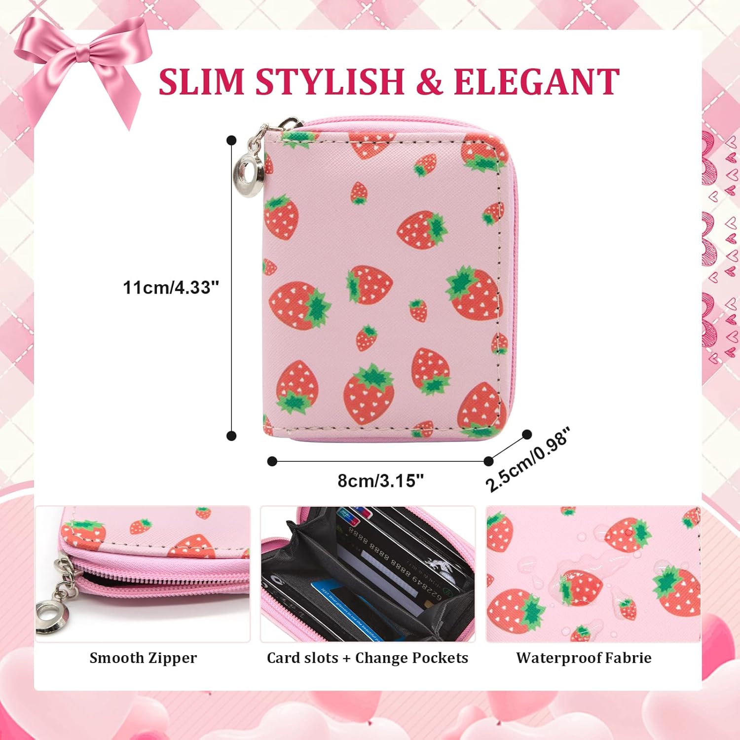 Detalle de LJCZKA Credit Card Holder with Zipper - Strawberry Cute Leather Wallet for Women (Pink)