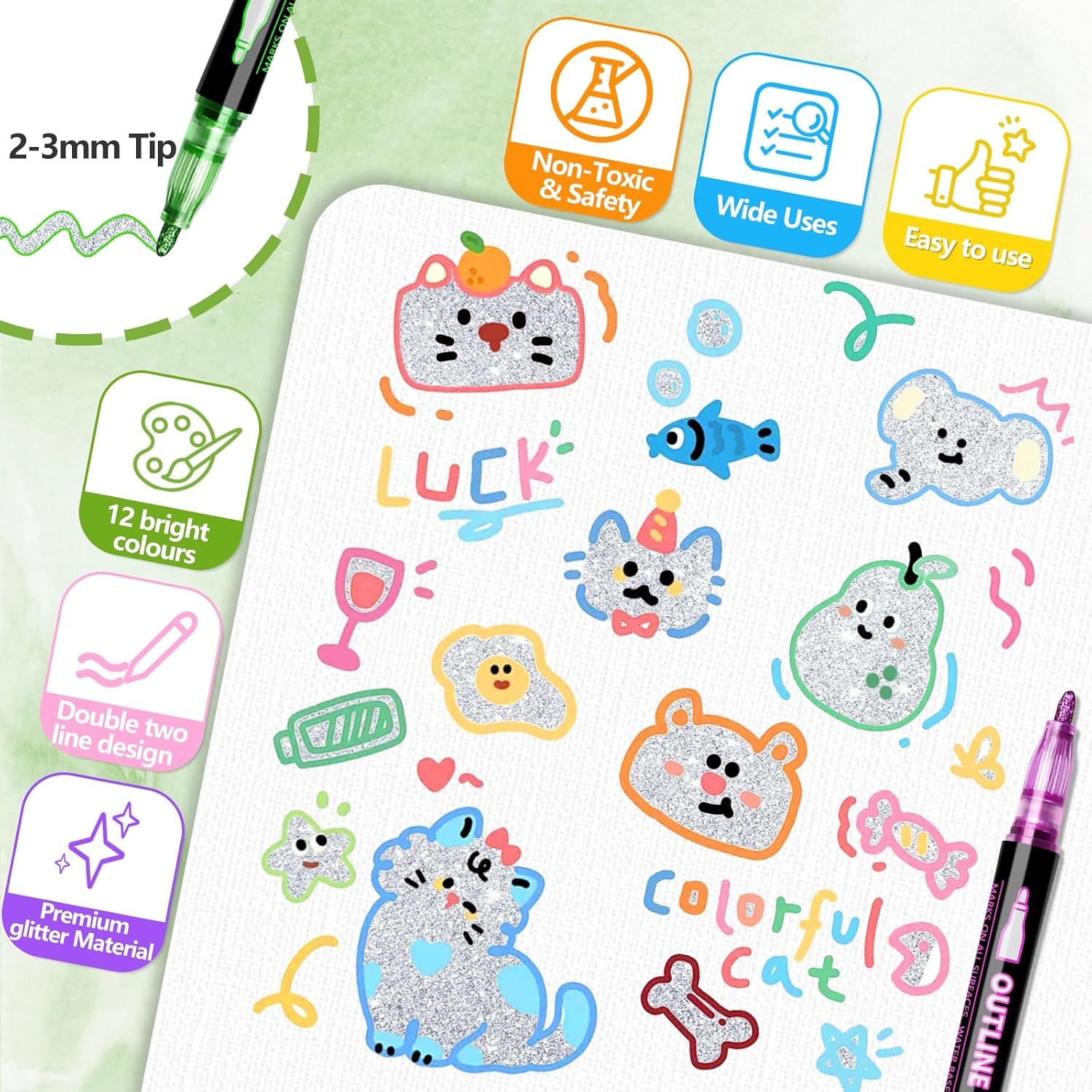Detalle de PTAZSCTC Outline Shimmer Markers, 12-Color Glitter Pens with Chisel Tips