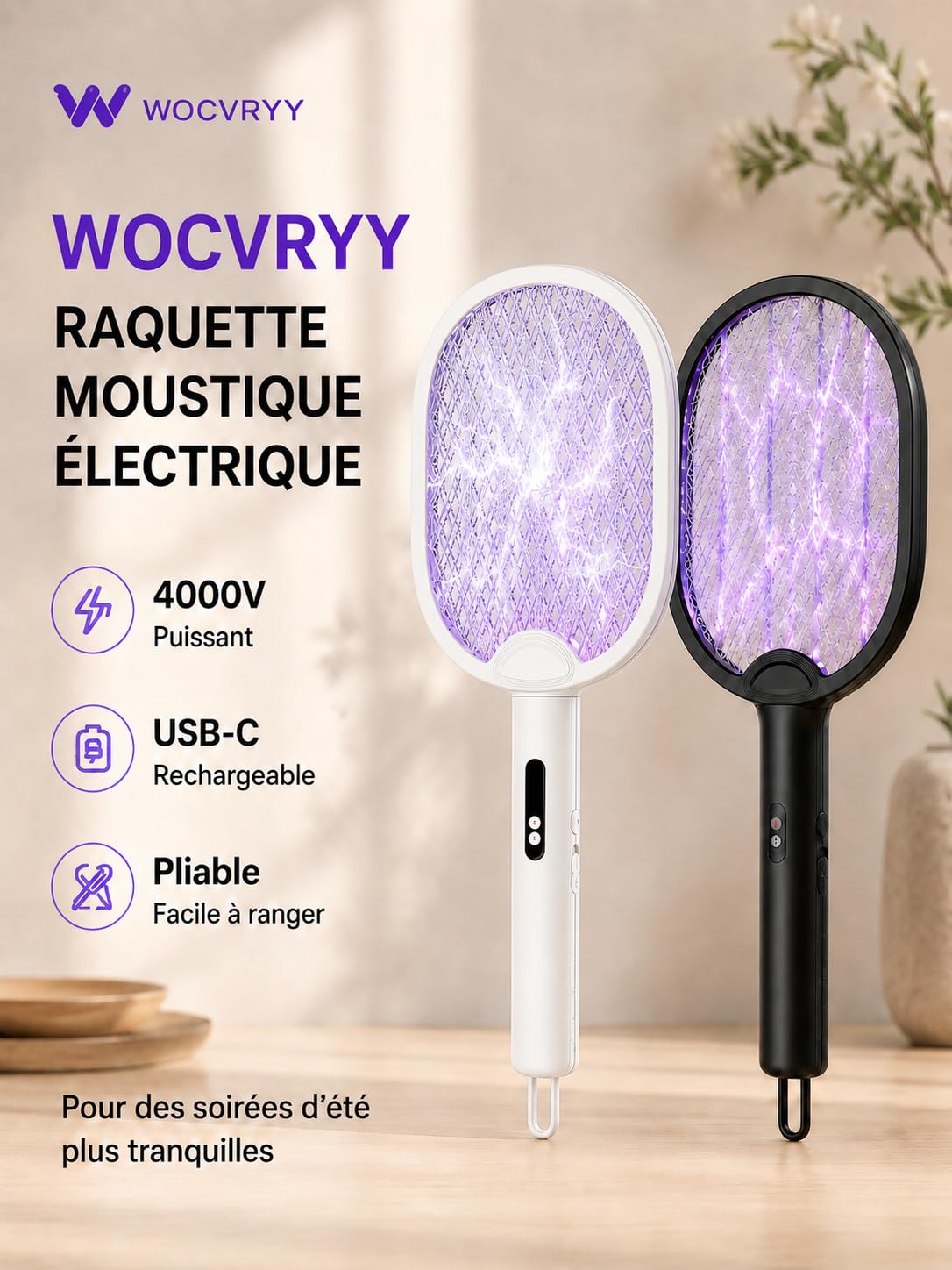 Detalle de WOCVRYY Raquette Moustique Électrique – 4000V, 1800mAh, 3 Modes, Rétractable 180°