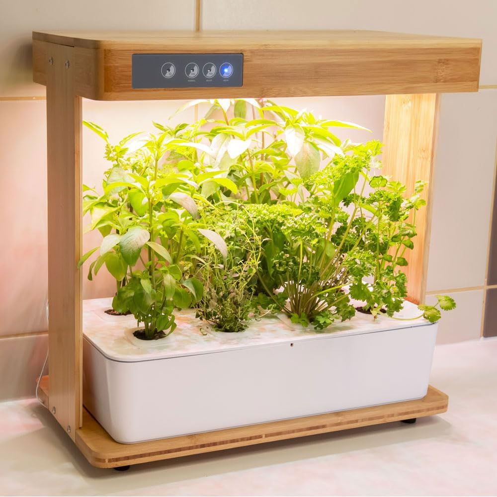 Detalle de Bioponis Bamboo 1 – hydroponiczny ogród do ziół, LED, bambus, 8 miejsc