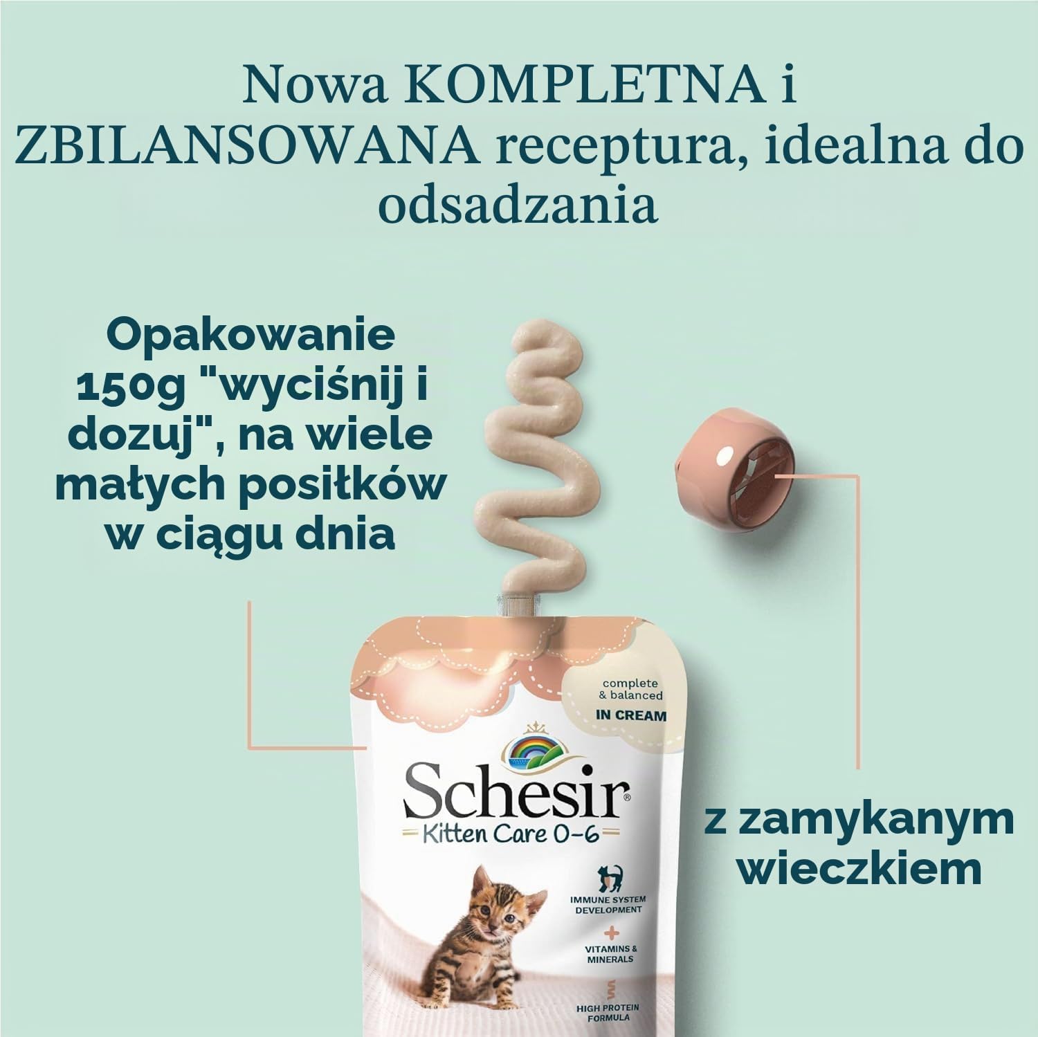 Detalle 2 de Schesir Kitten Cream Kurczak – mokra karma dla kociąt, bez zbóż, z witaminami i minerałami