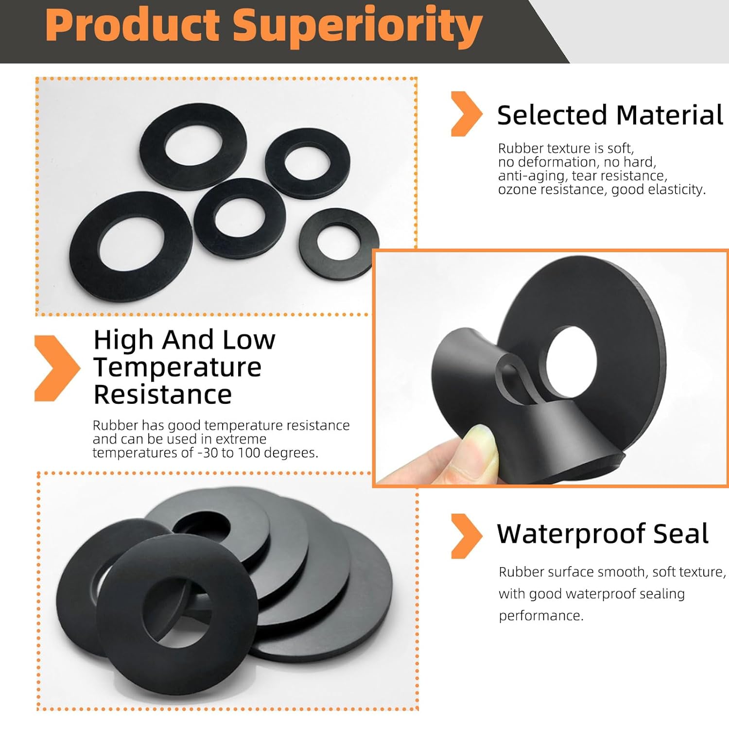 Thumbnail 5 de Tanstic 175Pcs 7 Sizes Black Flat Rubber Washers Assortment Kit