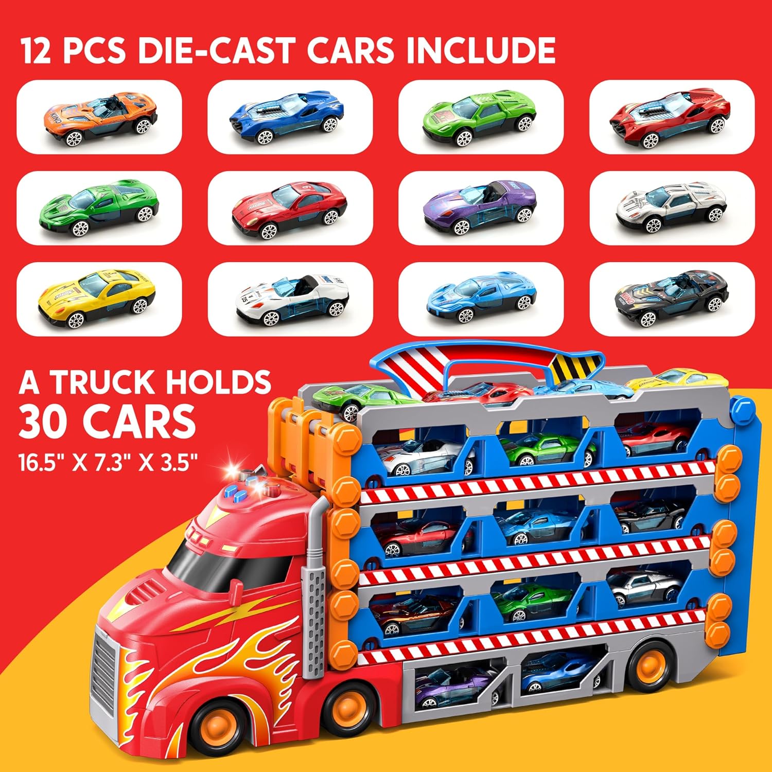 Thumbnail 6 de SYNCFUN Transport Race Truck Toy Cars – 8-Foot Foldable 3-Layer Race Track Set with 12 Cars, Lights & Sounds